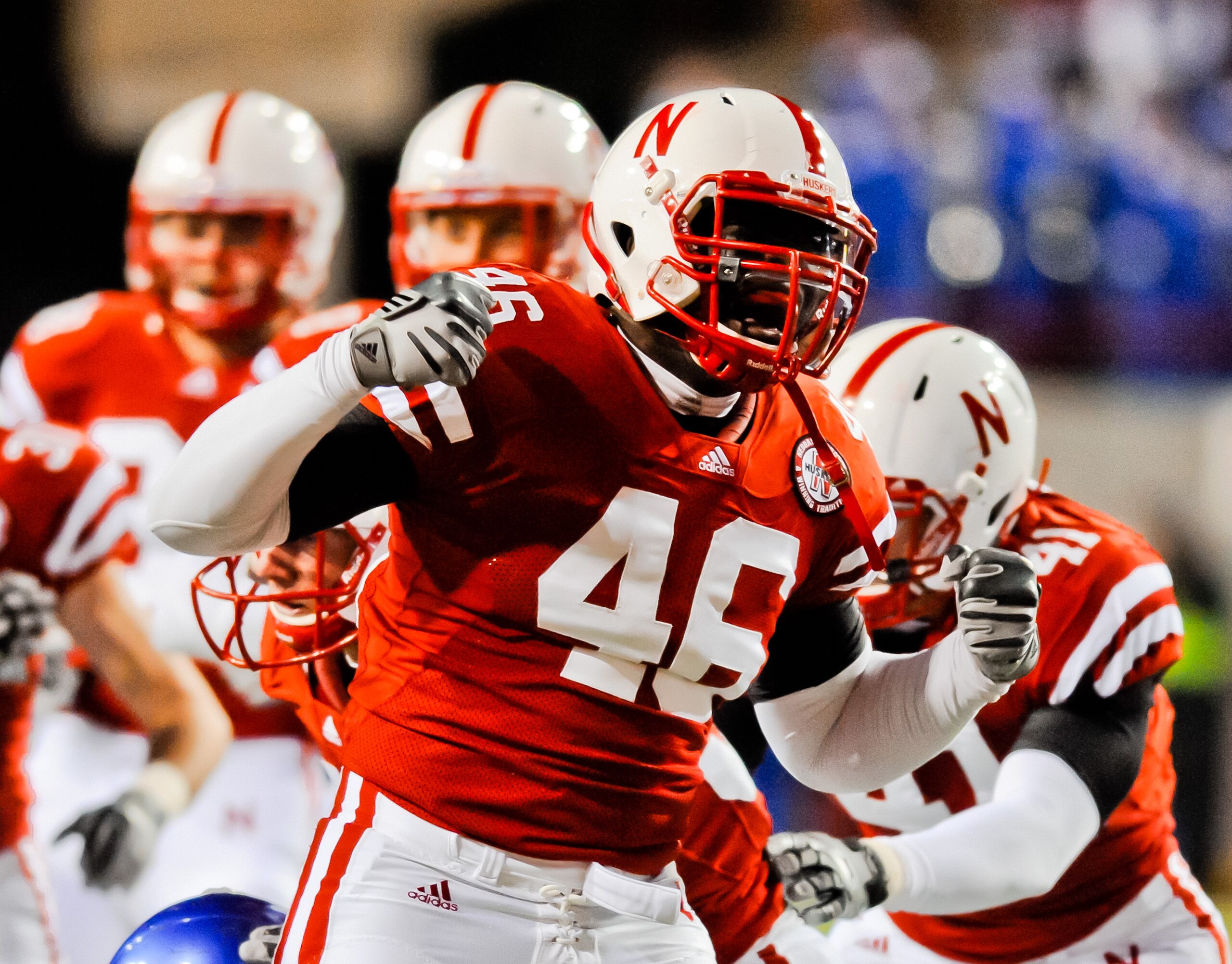 LINCOLN, NE - NOVEMBER 13: Eric Martin #46 of the Nebraska Cornhuskers celebrates a big hit during first half action of their game at Memorial Stadium on November 13, 2010 in Lincoln, Nebraska. (Photo by Eric Francis/Getty Images) LINCOLN, NE - NOVEMBER 13: Eric Martin #46 of the Nebraska Cornhuskers celebrates a big hit during first half action of their game at Memorial Stadium on November 13, 2010 in Lincoln, Nebraska. (Photo by Eric Francis/Getty Images)