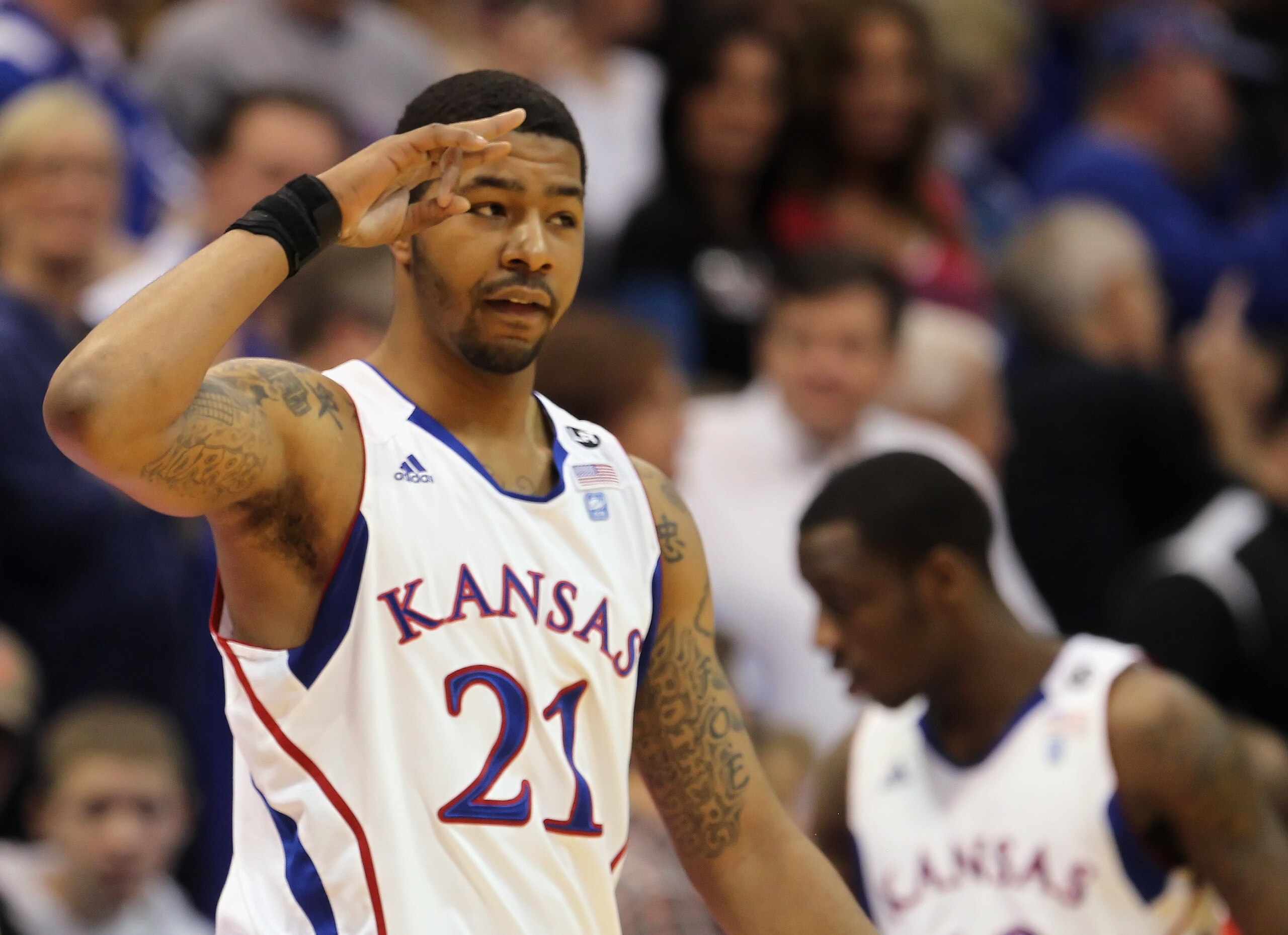 LAWRENCE, KS - FEBRUARY 12: Markieff Morris #21 of the Kansas Jayhawks slautes the crowd during the game against the Iowa State Cyclones on February 12, 2011 at Allen Fieldhouse in Lawrence, Kansas. (Photo by Jamie Squire/Getty Images) LAWRENCE, KS - FEBRUARY 12: Markieff Morris #21 of the Kansas Jayhawks slautes the crowd during the game against the Iowa State Cyclones on February 12, 2011 at Allen Fieldhouse in Lawrence, Kansas. (Photo by Jamie Squire/Getty Images)