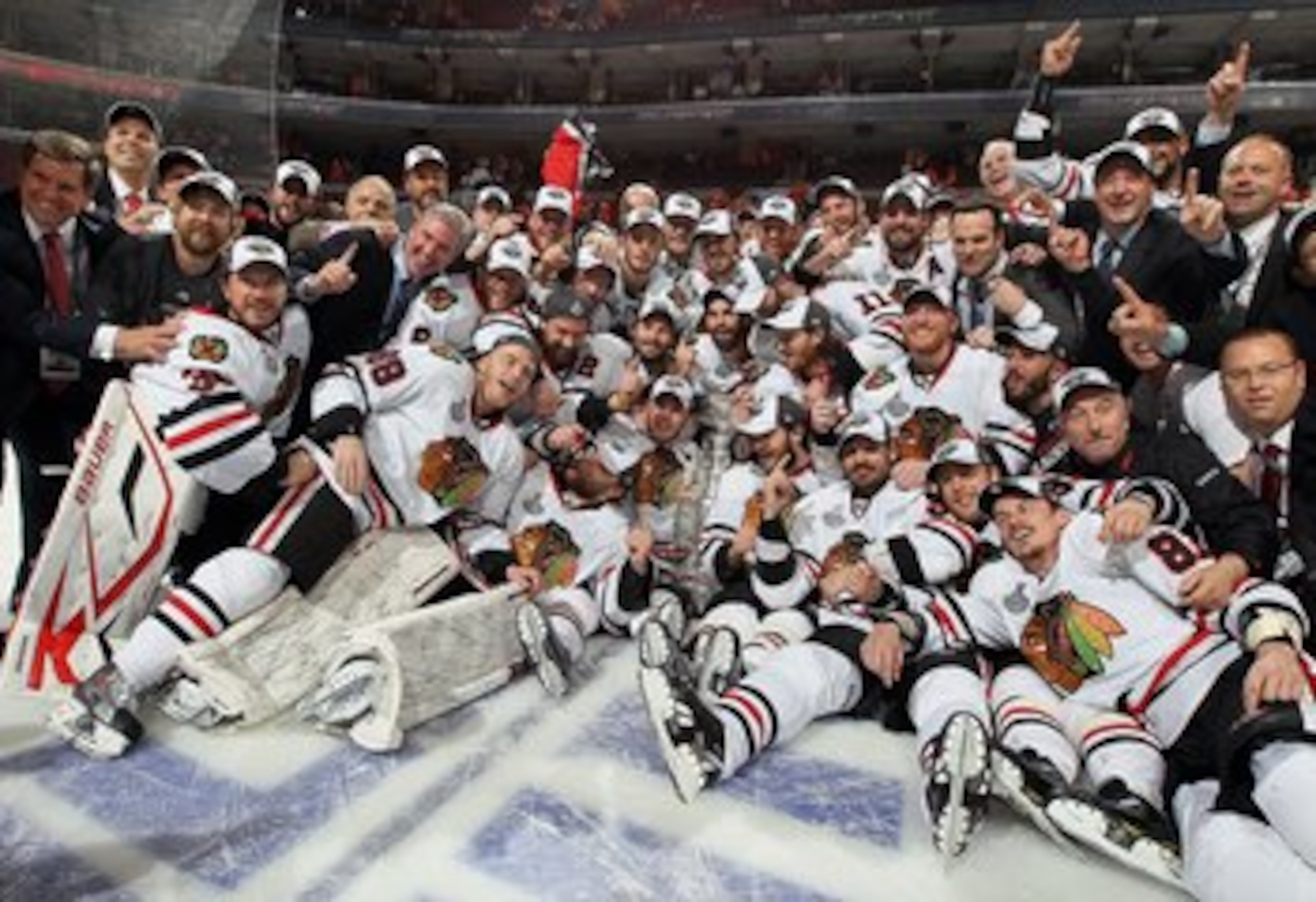 PHILADELPHIA - JUNE 09:  The Chicago Blackhawks pose for a team photo after defeating the Philadelphia Flyers 4-3 in overtime and win the Stanley Cup in Game Six of the 2010 NHL Stanley Cup Final at the Wachovia Center on June 9, 2010 in Philadelphia, Pen