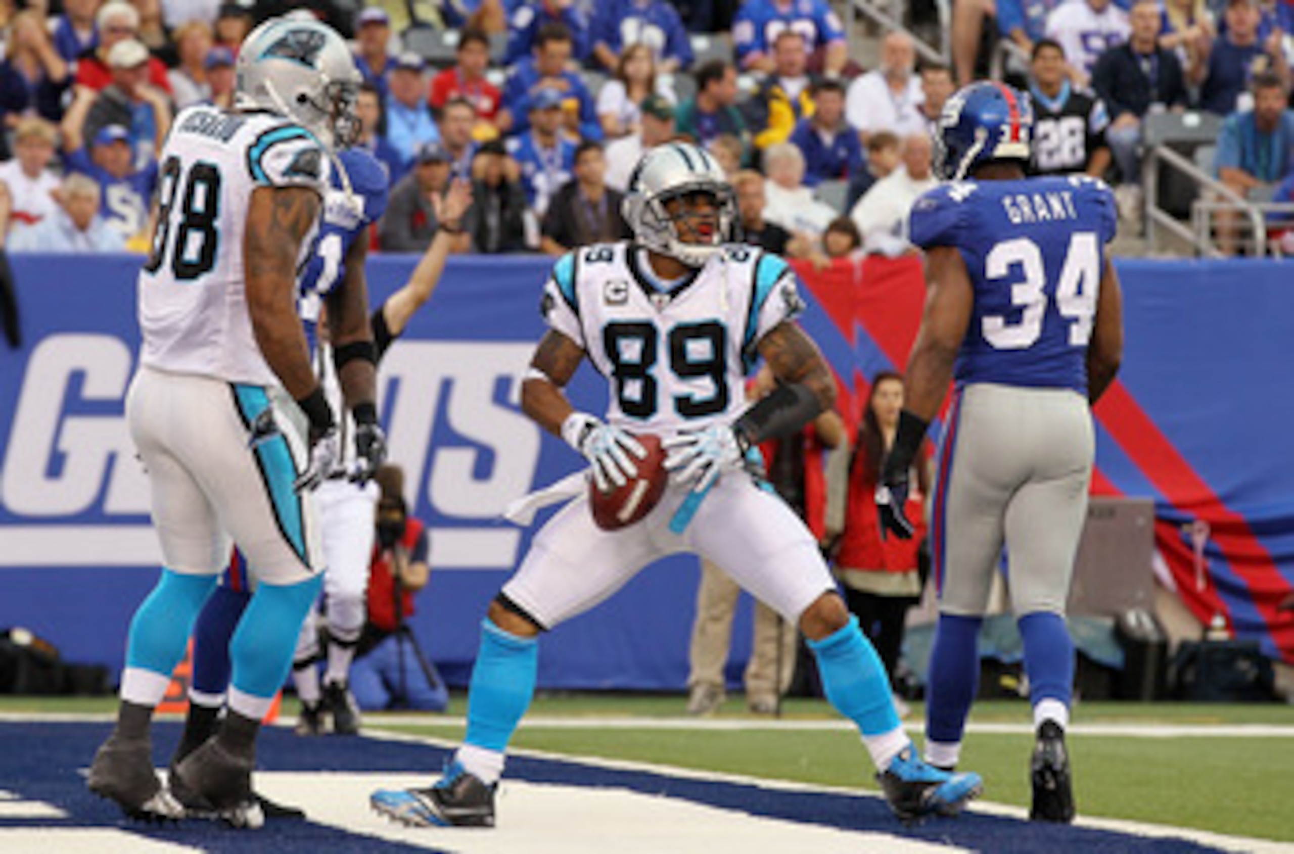EAST RUTHERFORD, NJ - SEPTEMBER 12:  Steve Smith #89 of the Carolina Panthers celebrates his touchdown against the New York Giants on September 12, 2010 at the New Meadowlands Stadium in East Rutherford, New Jersey.  (Photo by Jim McIsaac/Getty Images)