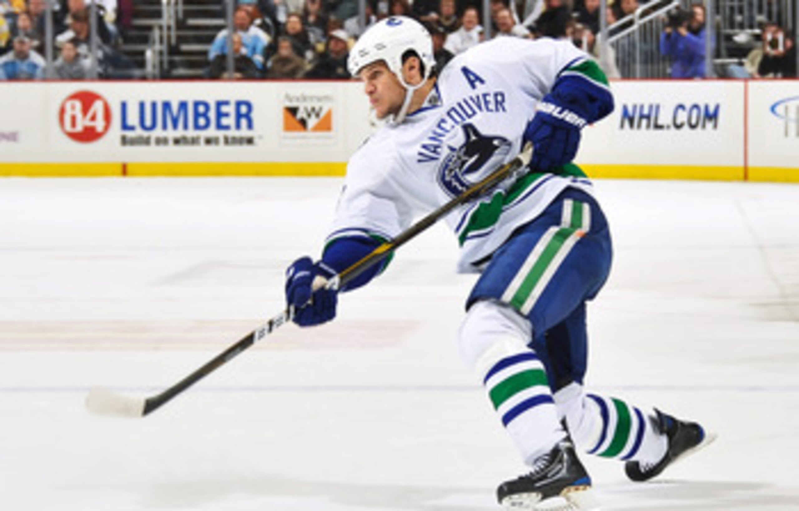 PITTSBURGH - NOVEMBER 17:  Kevin Bieksa #3 of the Vancouver Canucks skates against the Pittsburgh Penguins on November 17, 2010 at Consol Energy Center in Pittsburgh, Pennsylvania.  (Photo by Jamie Sabau/Getty Images)