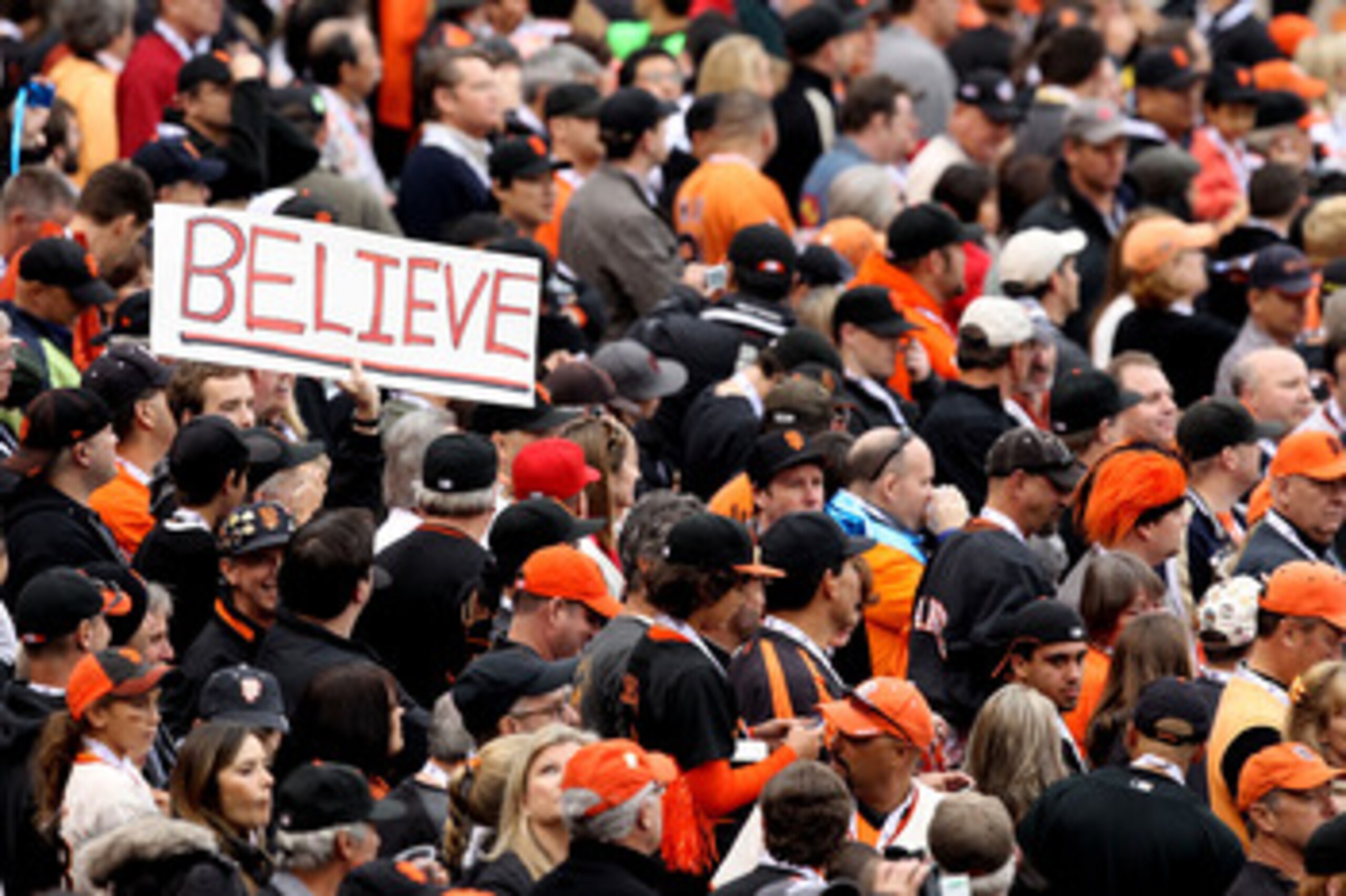 SAN FRANCISCO - OCTOBER 27:  San Francisco Giants fans hold up signs as the Giants take on the Texas Rangers in Game One of the 2010 MLB World Series at AT&T Park on October 27, 2010 in San Francisco, California.  (Photo by Christian Petersen/Getty Images