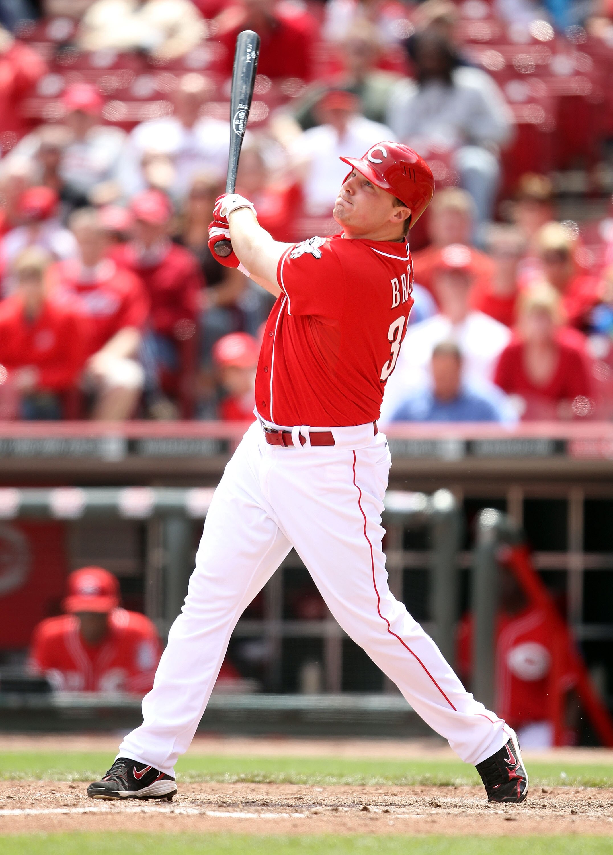 CINCINNATI, OH - MAY 19:  Jay Bruce #32 of the Cincinnati Reds hits one of his two home runs during the game against the Pittsburgh Pirates at Great American Ball Park on May 19, 2011 in Cincinnati, Ohio.  (Photo by Andy Lyons/Getty Images)