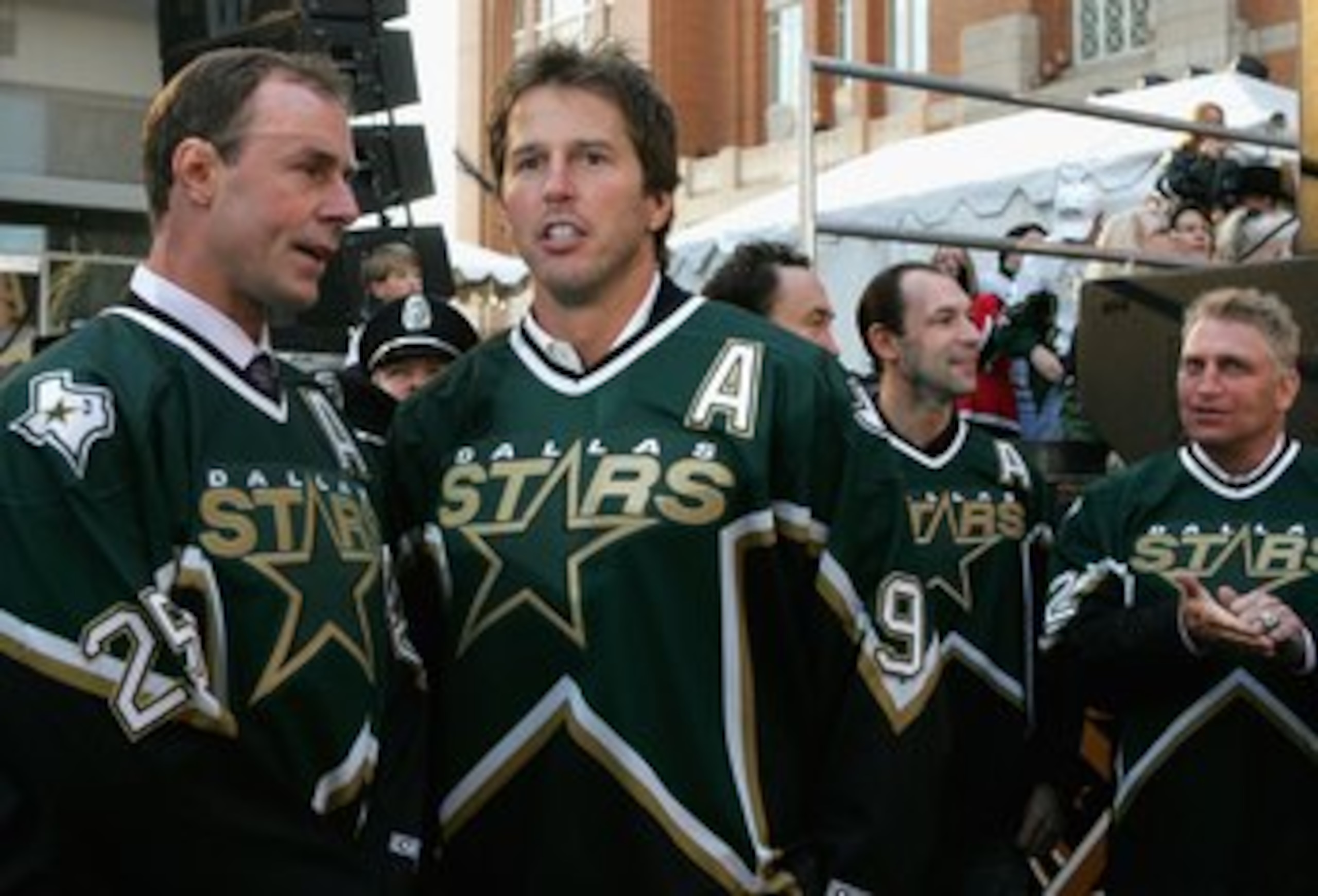 DALLAS - JANUARY 22:   Mike Modano #9 and Joe Nieuwendyk #25 of the 1999 Dallas Stars Stanley Cup team look on during the 1999 Dallas Stars Stanley Cup Reunion at the American Airlines Center on January 22, 2007 in Dallas, Texas.  (Photo by Bruce Bennett/