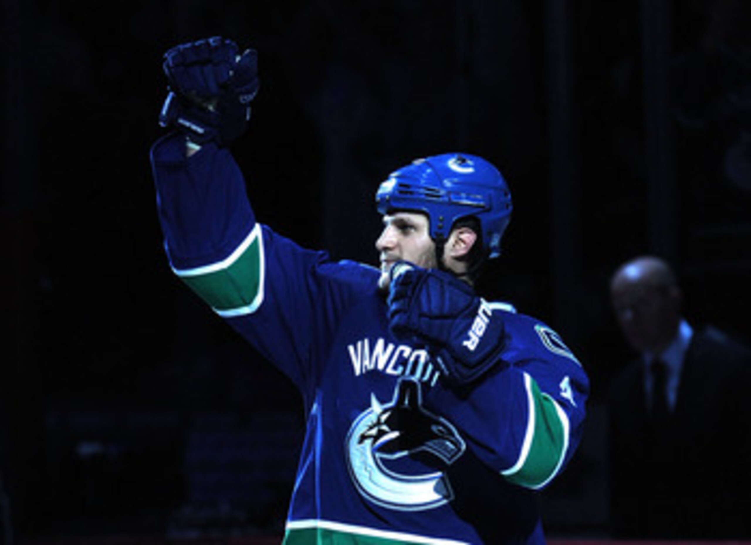 VANCOUVER, CANADA - MAY 18:  Kevin Bieksa #3 of the Vancouver Canucks acknowledges the fans after Game Two of the Western Conference Finals against the San Jose Sharks during the 2011 Stanley Cup Playoffs at Rogers Arena on May 18, 2011 in Vancouver, Brit