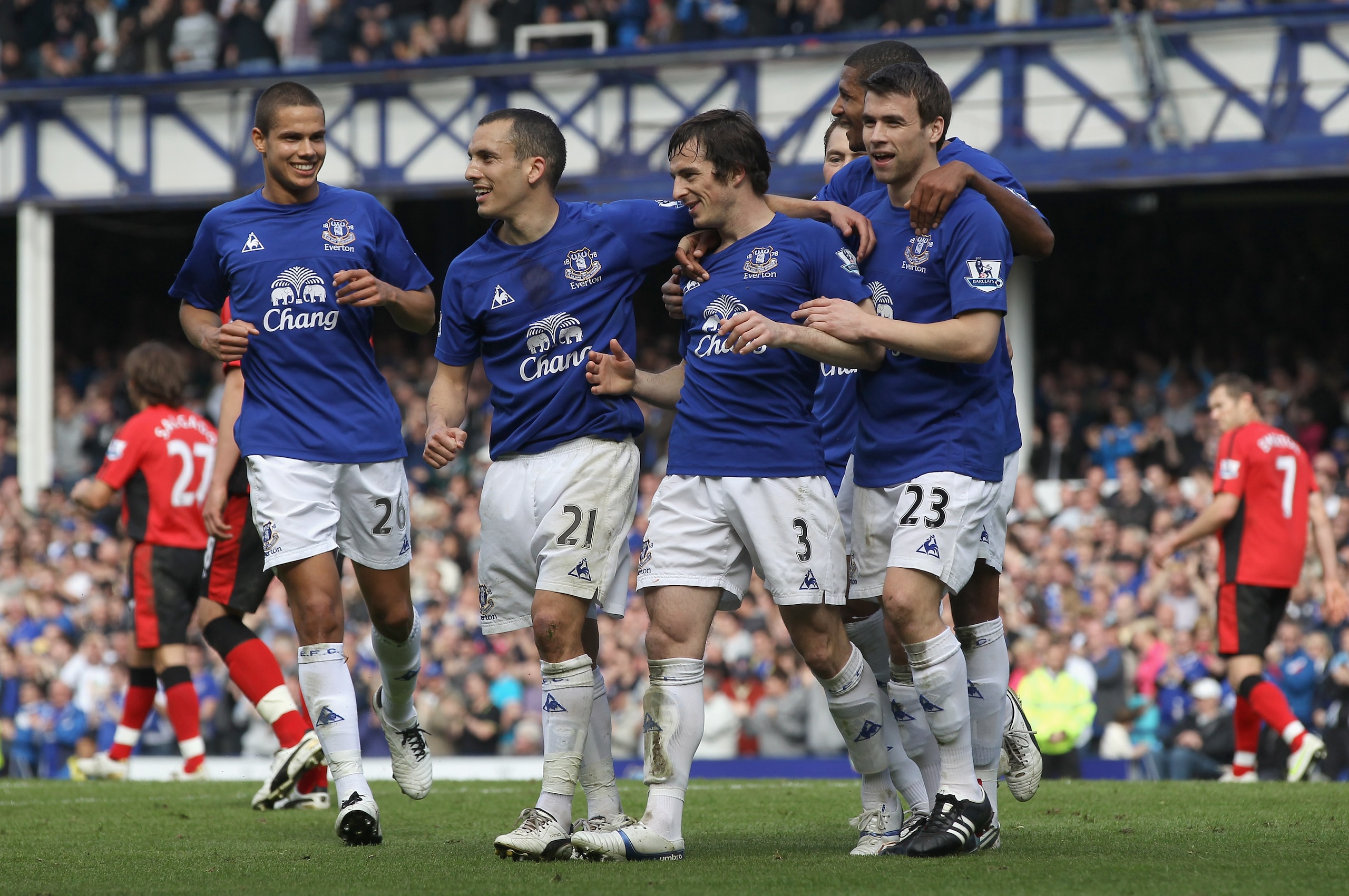 LIVERPOOL, ENGLAND - APRIL 16:  Leighton Baines  of Everton celebrates with team mates after scoring the second goal from the penalty spot during the Barclays Premier League match between Everton and Blackburn Rovers at  Goodison Park on April 16, 2011 in