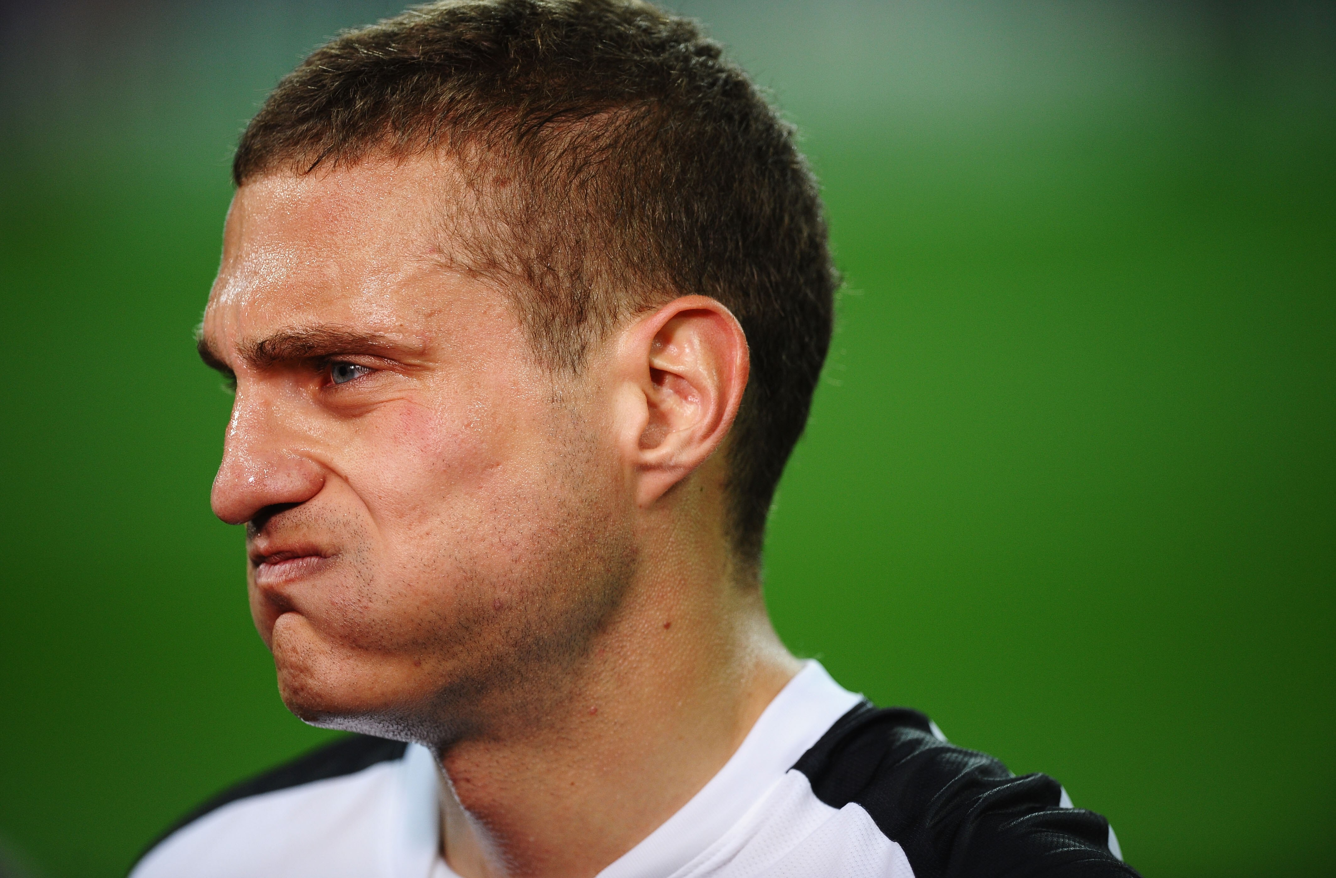 LONDON, ENGLAND - MAY 28:  Nemanja Vidic of Manchester United shows his dejection after the UEFA Champions League final between FC Barcelona and Manchester United FC at Wembley Stadium on May 28, 2011 in London, England.  (Photo by Laurence Griffiths/Gett