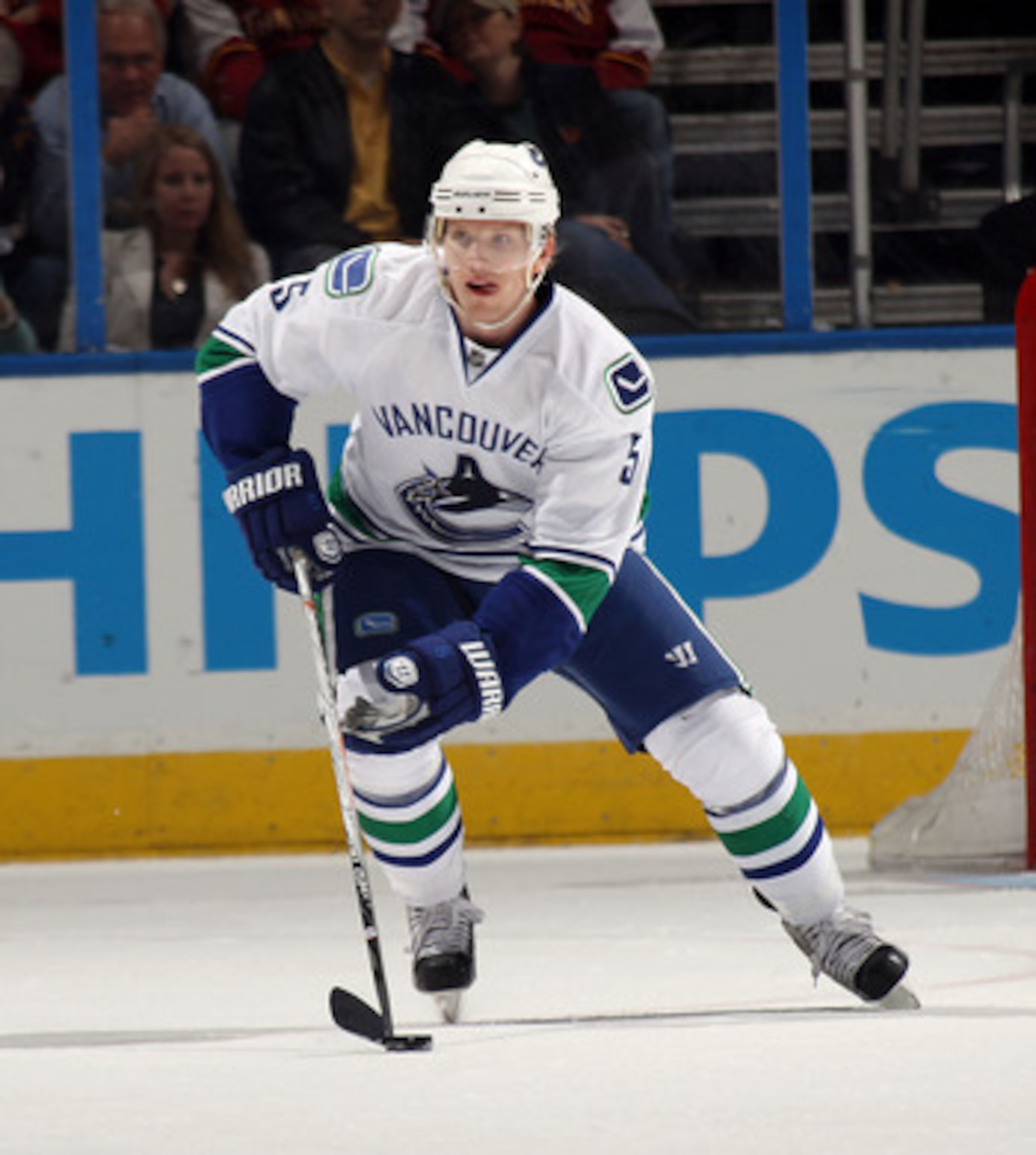 ATLANTA, GA - MARCH 25:  Christian Ehrhoff #5 of the Vancouver Canucks skates against the Atlanta Thrashers at the Philips Arena on March 25, 2011 in Atlanta, Georgia.  (Photo by Bruce Bennett/Getty Images)