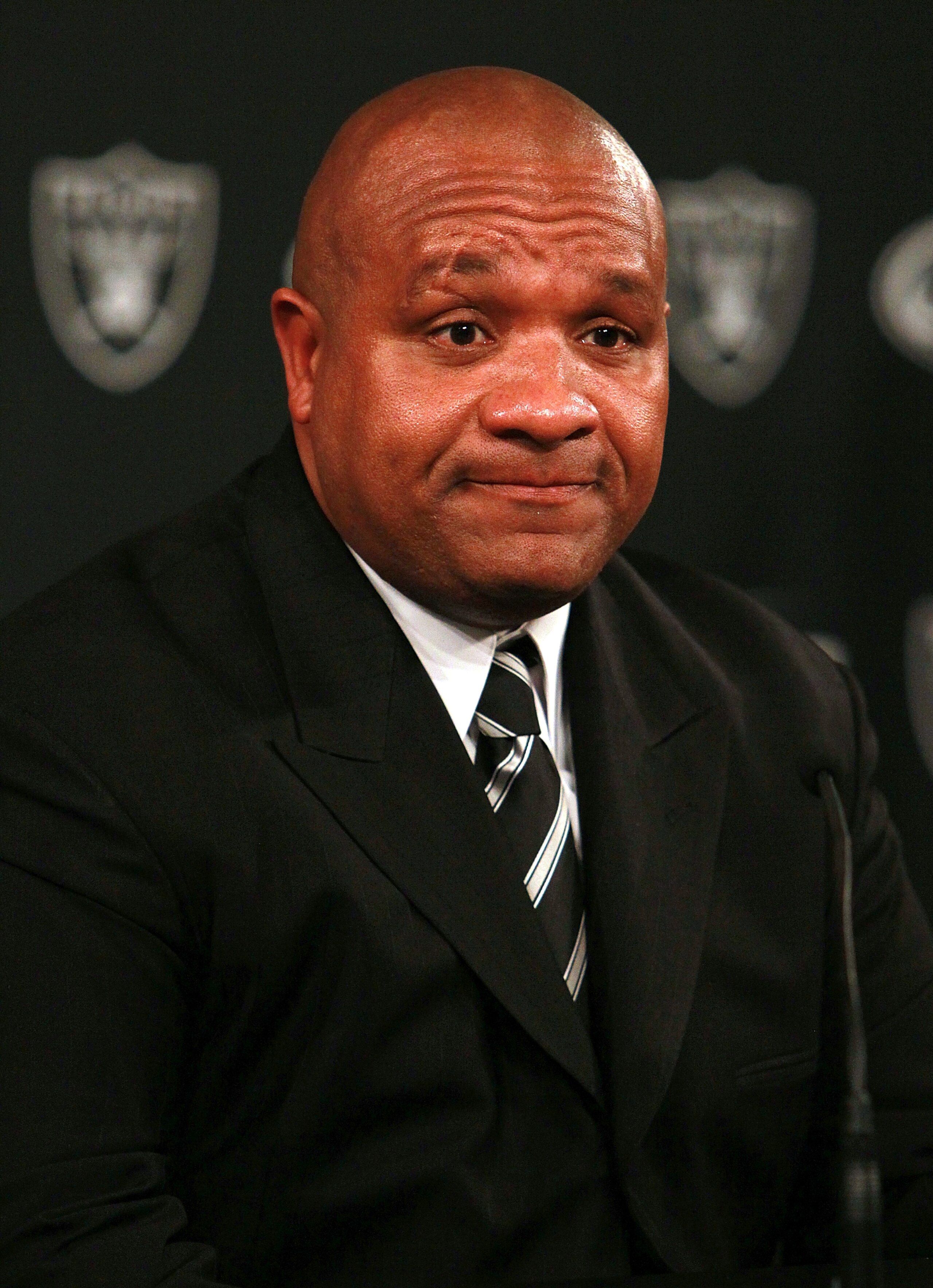 ALAMEDA, CA - JANUARY 18:  New Oakland Raiders coach Hue Jackson looks on during a press conference on January 18, 2011 in Alameda, California.  Hue Jackson was introduced as the new coach of the Oakland Raiders, replacing the fired Tom Cable.  (Photo by