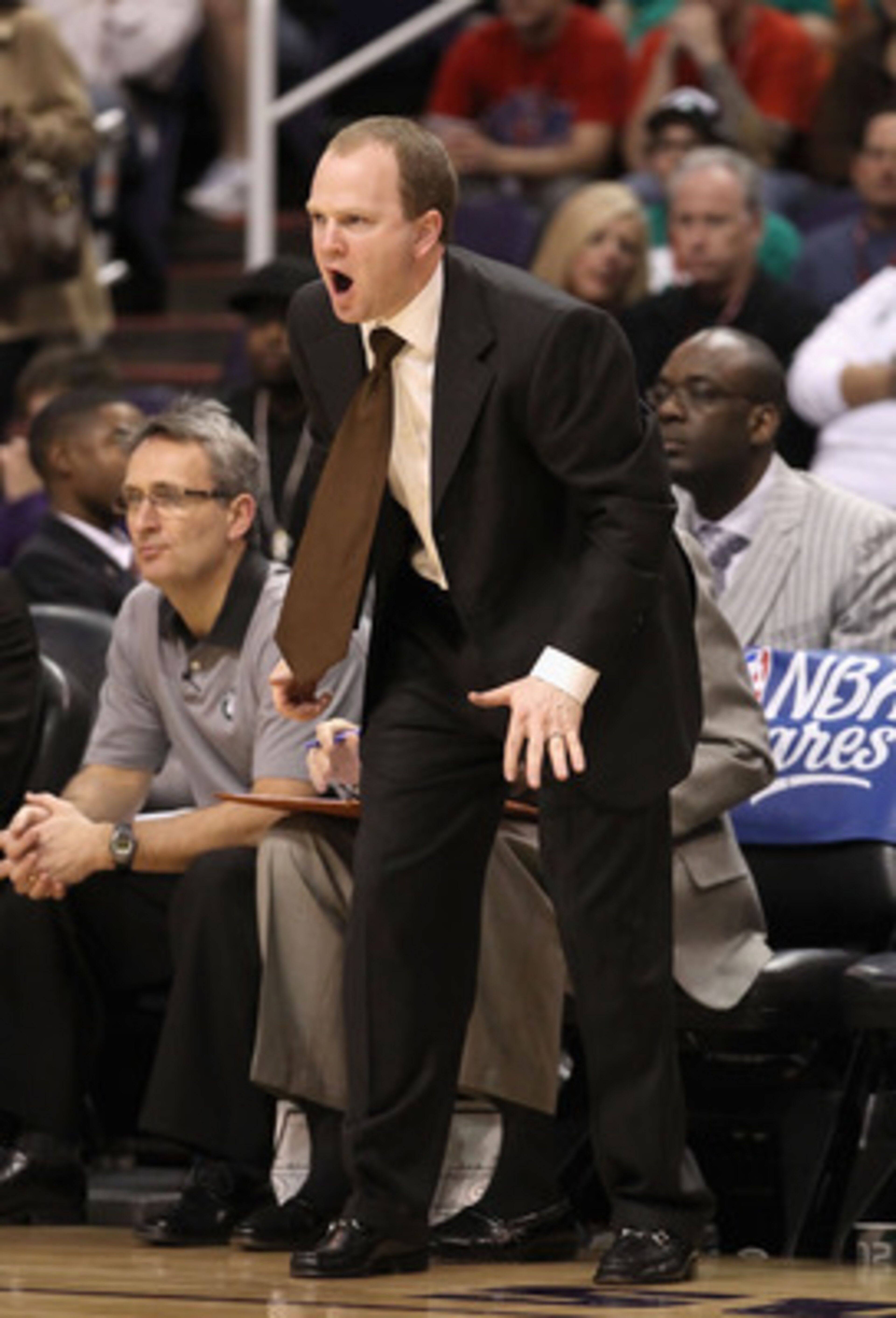 PHOENIX, AZ - JANUARY 28:  Assistant coach Lawrence Frank of the Boston Celtics reacts during the NBA game against the Phoenix Suns at US Airways Center on January 28, 2011 in Phoenix, Arizona. The Suns defeated the Celtics 88-71. NOTE TO USER: User expre