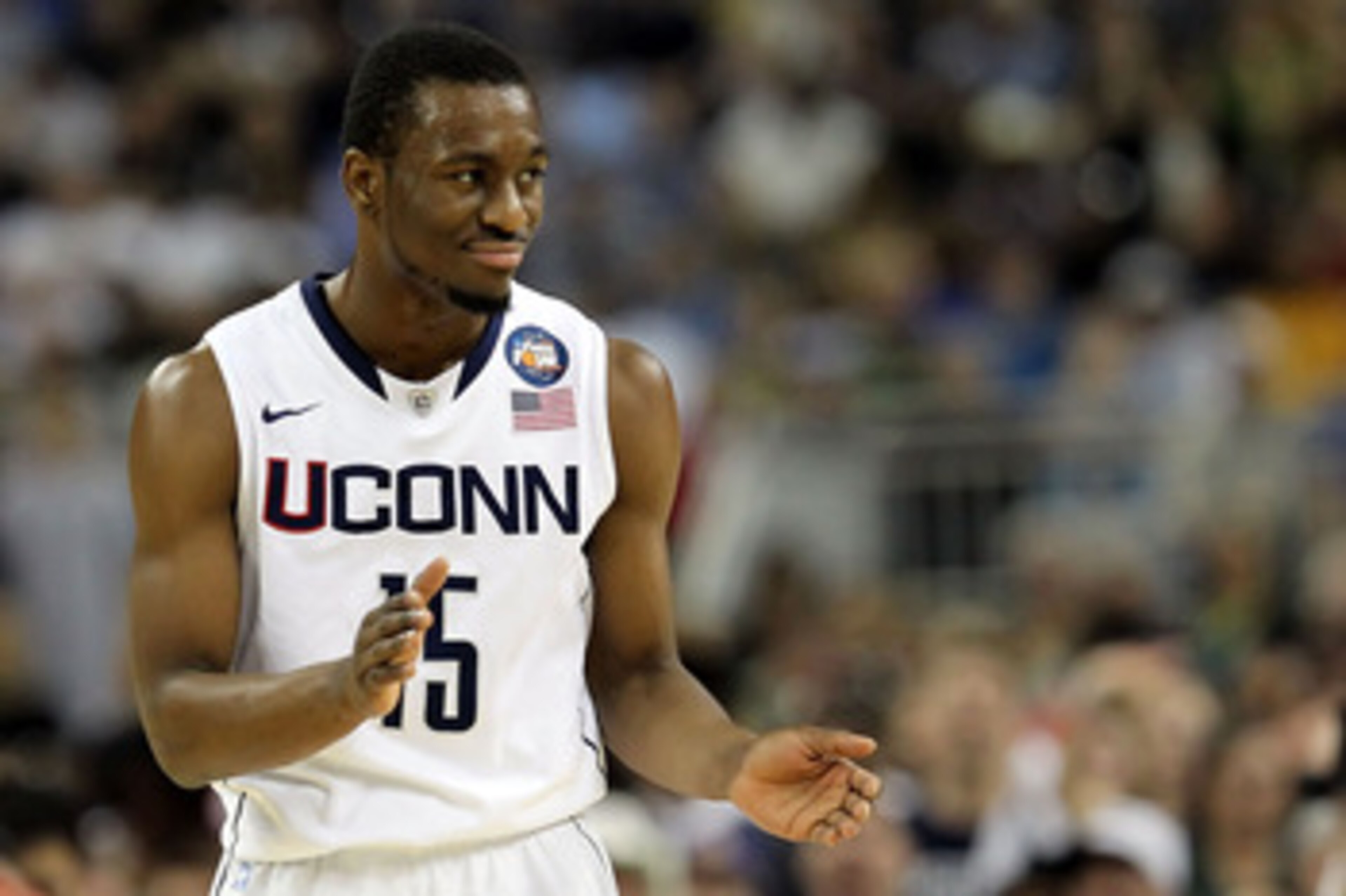 HOUSTON, TX - APRIL 04:  Kemba Walker #15 of the Connecticut Huskies reacts after a play against the Butler Bulldogs during the National Championship Game of the 2011 NCAA Division I Men's Basketball Tournament at Reliant Stadium on April 4, 2011 in Houst