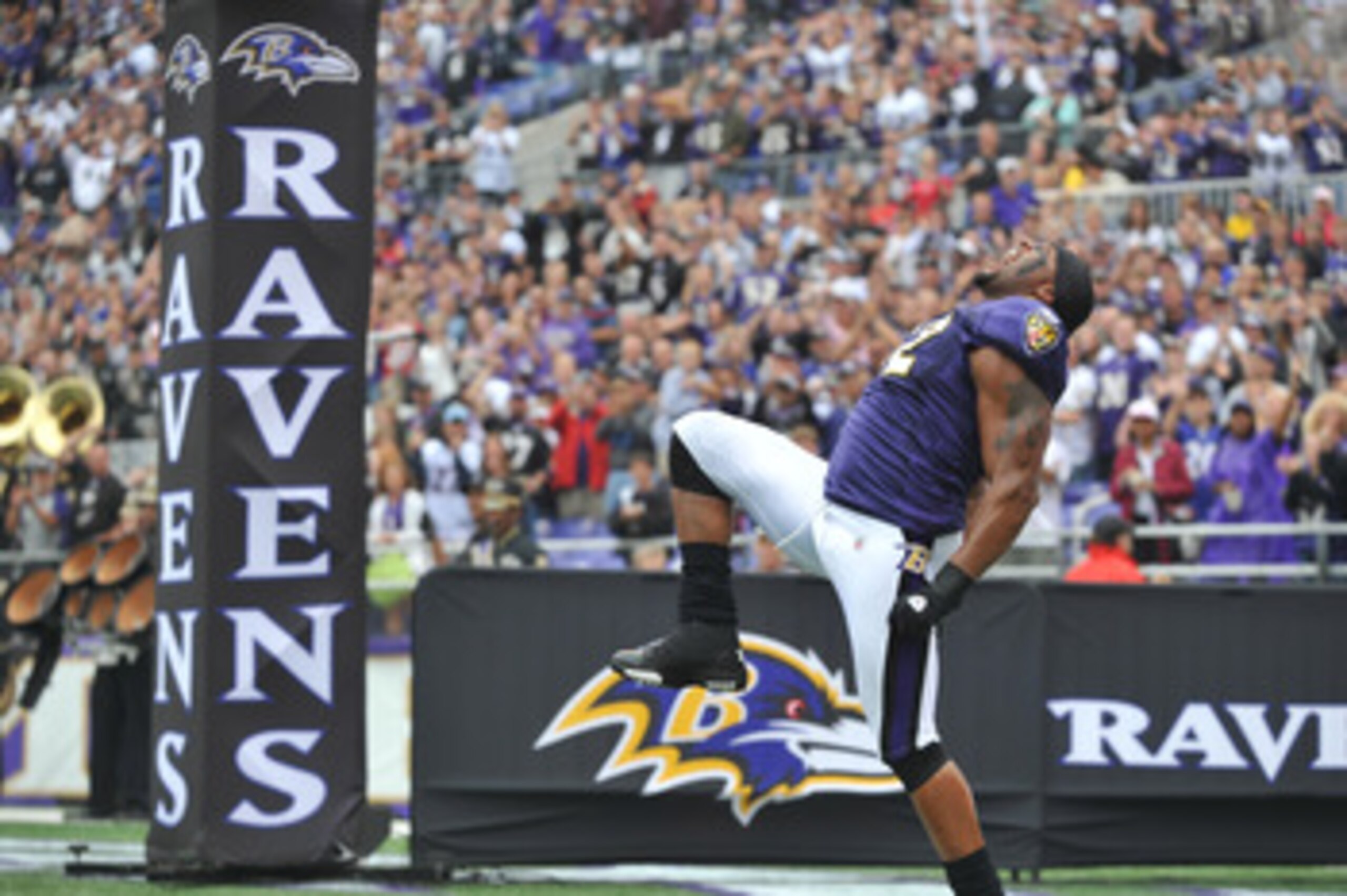 BALTIMORE - SEPTEMBER 26:  Ray Lewis #52 of the Baltimore Ravens is introduced before the game against the Cleveland Browns  at M&T Bank Stadium on September 26, 2010 in Baltimore, Maryland. The Ravens defeated the Browns 24-17. (Photo by Larry French/Get