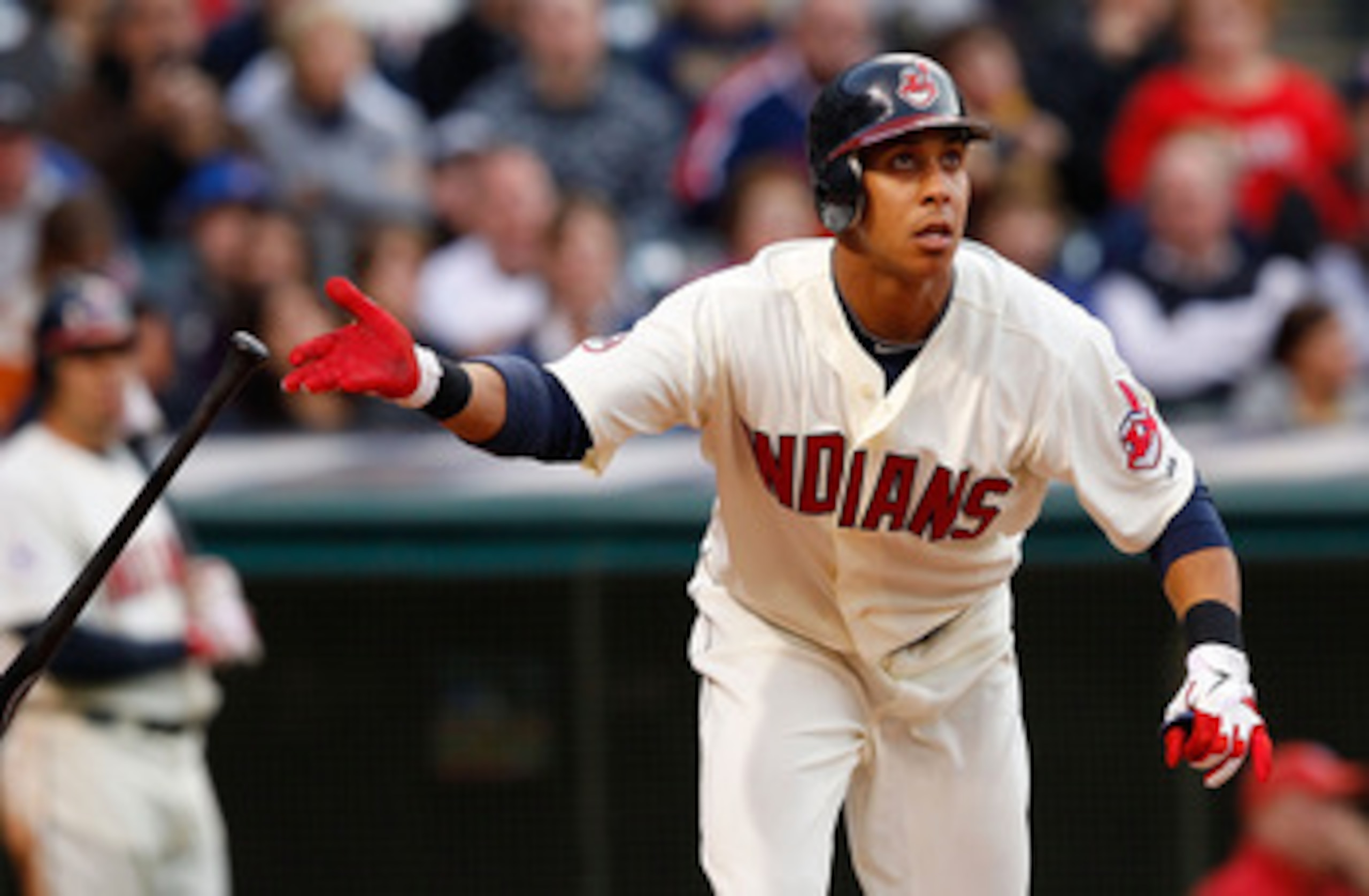 CLEVELAND - APRIL 30:  Michael Brantley #23 of the Cleveland Indians hits a solo home run against the Detroit Tigers during the game on April 30, 2011 at Progressive Field in Cleveland, Ohio.  (Photo by Jared Wickerham/Getty Images)