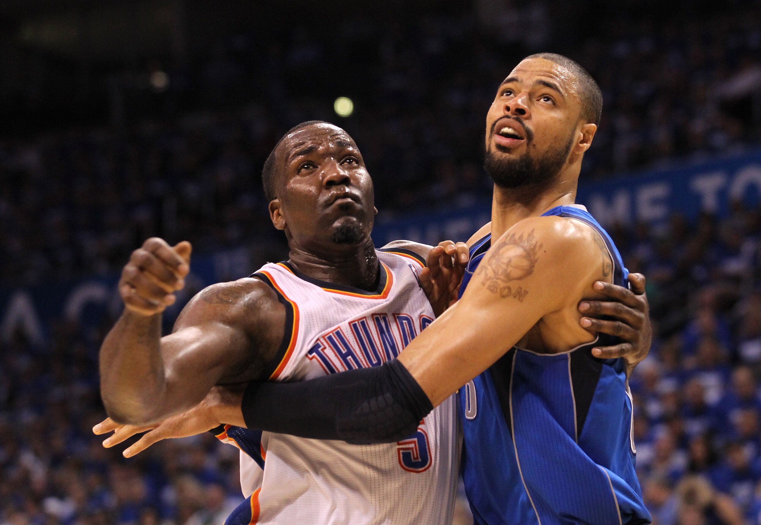 OKLAHOMA CITY, OK - MAY 21: Kendrick Perkins #5 of the Oklahoma City Thunder and Tyson Chandler #6 of the Dallas Mavericks battle for position in Game Three of the Western Conference Finals during the 2011 NBA Playoffs at Oklahoma City Arena on May 21, 2 OKLAHOMA CITY, OK - MAY 21: Kendrick Perkins #5 of the Oklahoma City Thunder and Tyson Chandler #6 of the Dallas Mavericks battle for position in Game Three of the Western Conference Finals during the 2011 NBA Playoffs at Oklahoma City Arena on May 21, 2