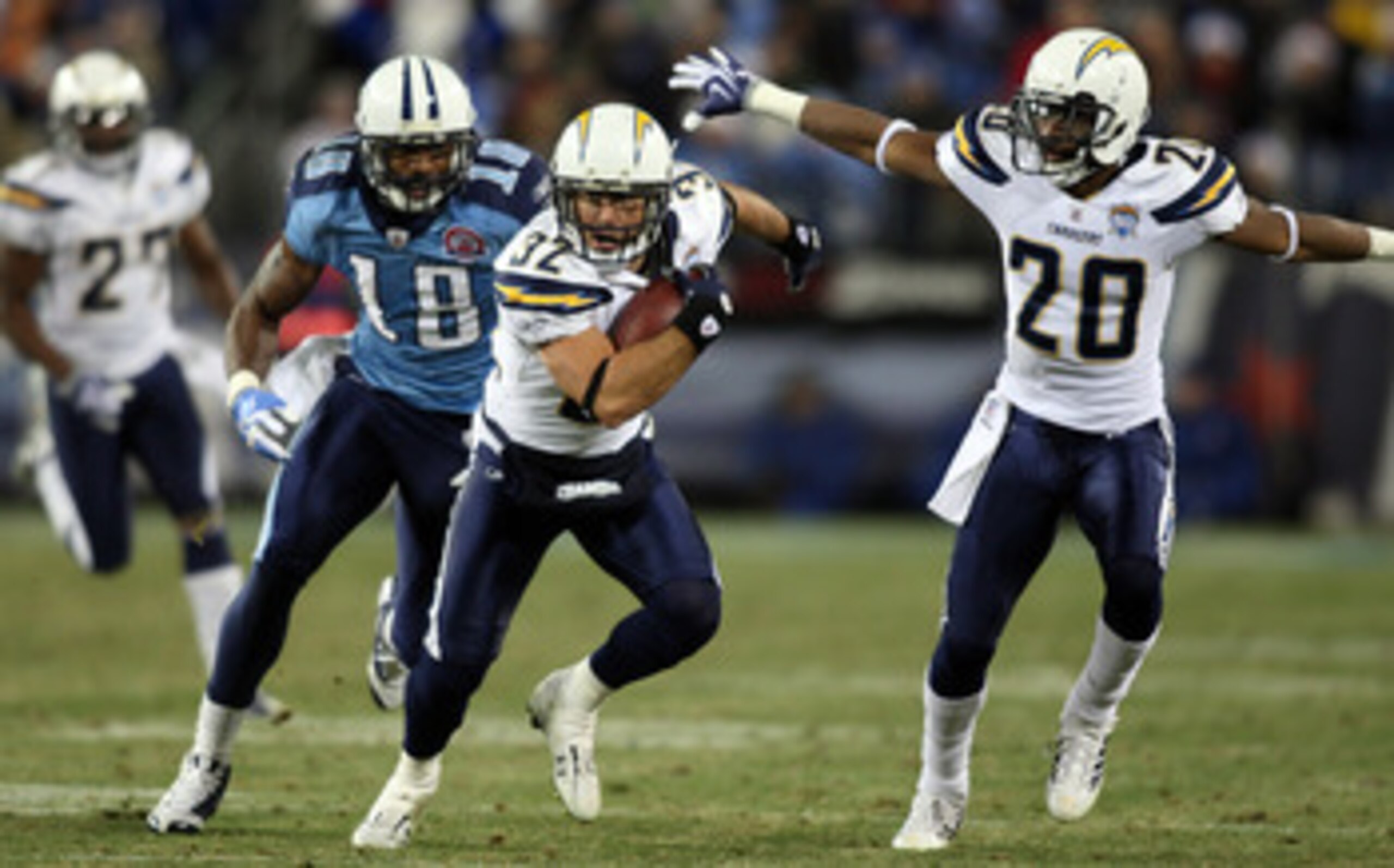 NASHVILLE, TN - DECEMBER 25: Eric Weddle #32 of the San Diego Chargers returns this interception intended for Kenny Britt #18 of the Tennessee Titans on December 25, 2009 at LP Field in Nashville, Tennessee. (Photo by Rex Brown/Getty Images) NASHVILLE, TN - DECEMBER 25: Eric Weddle #32 of the San Diego Chargers returns this interception intended for Kenny Britt #18 of the Tennessee Titans on December 25, 2009 at LP Field in Nashville, Tennessee. (Photo by Rex Brown/Getty Images)