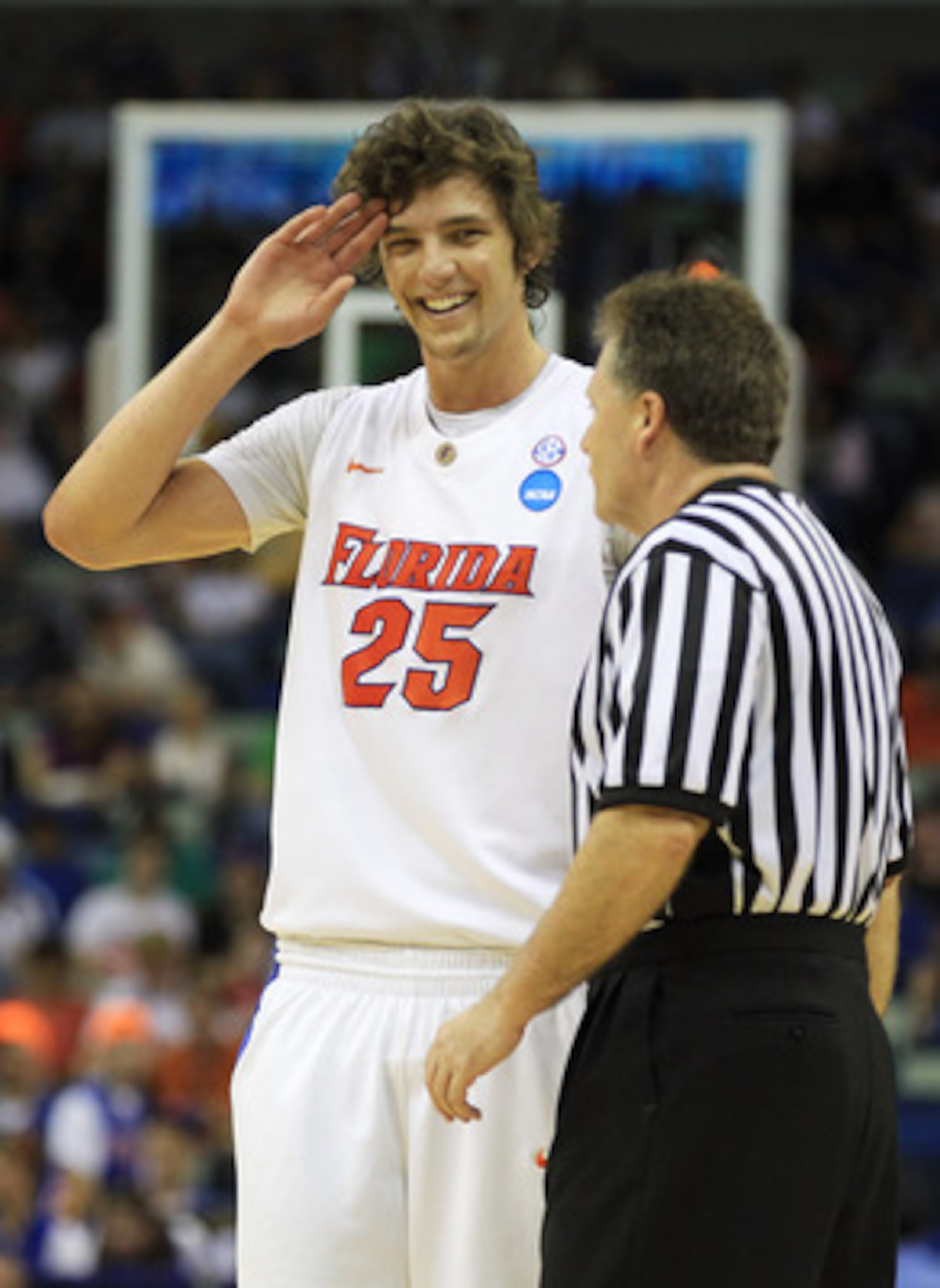 NEW ORLEANS, LA - MARCH 26:  Chandler Parsons #25 of the Florida Gators talks to an offical during their game against the Butler Bulldogs in the Southeast regional final of the 2011 NCAA men's basketball tournament at New Orleans Arena on March 26, 2011 i