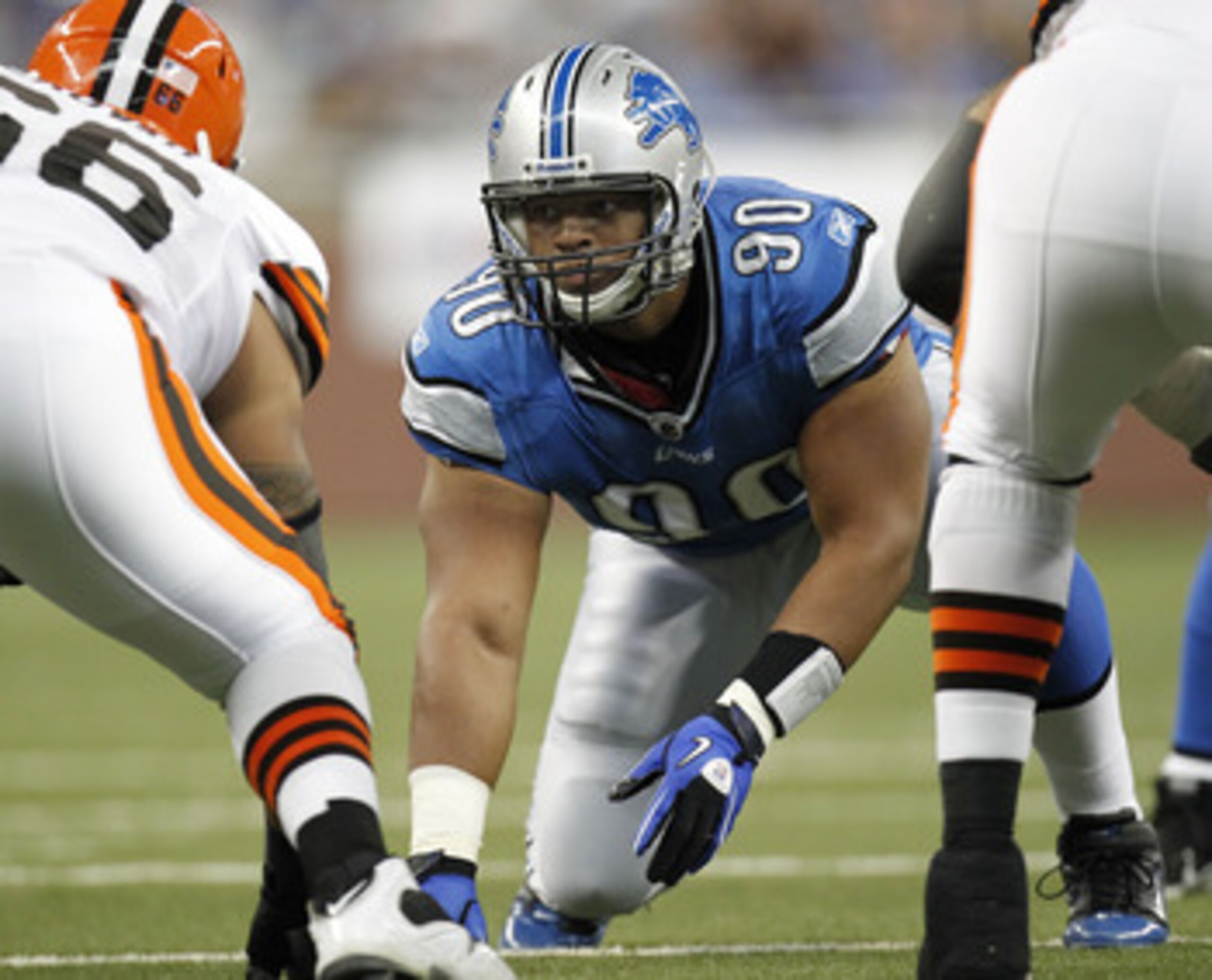 DETROIT - AUGUST 28:  Ndamukong Suh #90 of the Detroit Lions lines up while playing the Cleveland Browns in a preseason game on August 28, 2010 at Ford Field in Detroit, Michigan.  (Photo by Gregory Shamus/Getty Images)