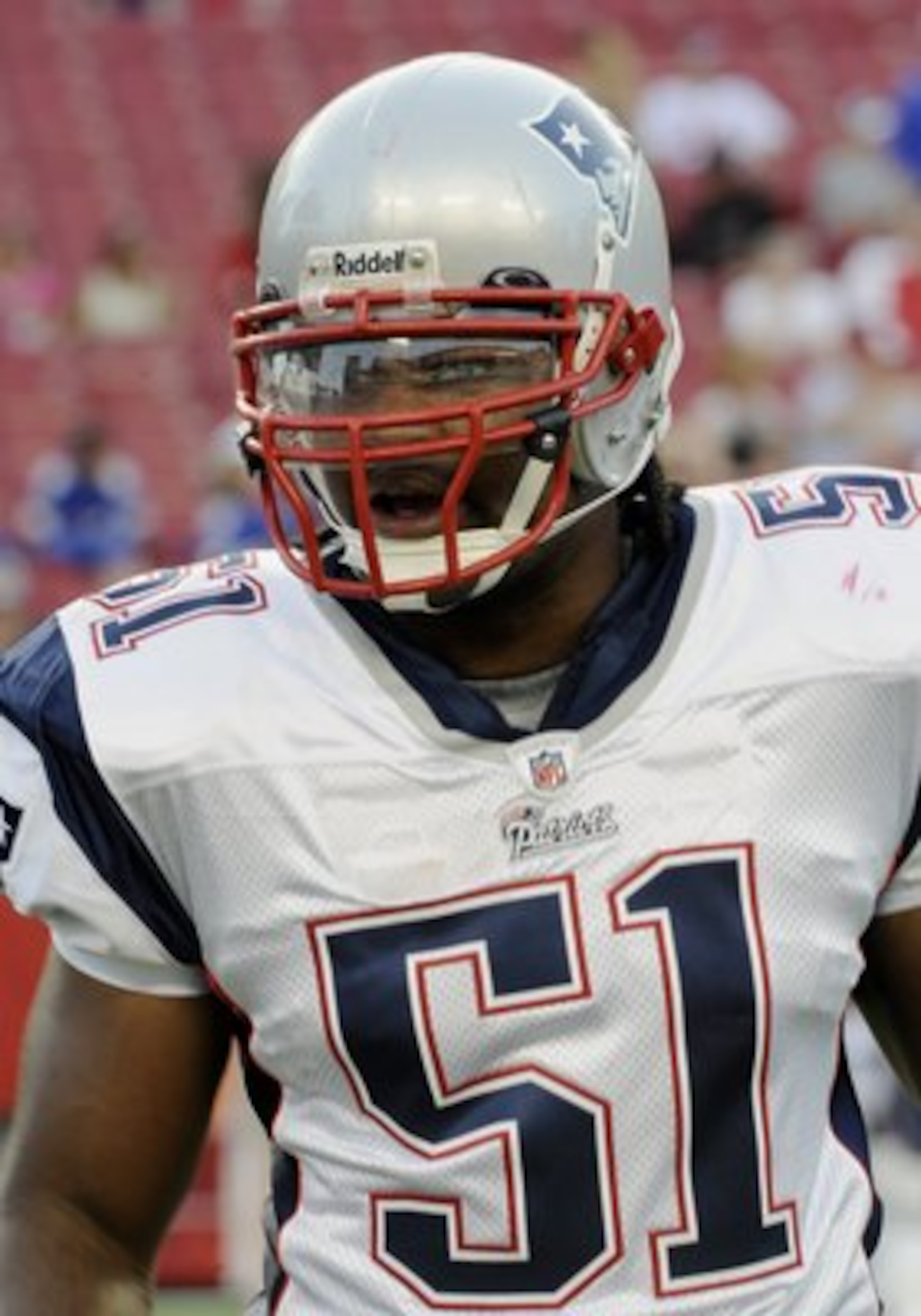 TAMPA, FL - AUGUST 17: Jerod Mayo #51 of the New England Patriots looks on before play against the Tampa Bay Buccaneers at Raymond James Stadium on August 17, 2008 in Tampa, Florida.   (Photo by Al Messerschmidt/Getty Images)