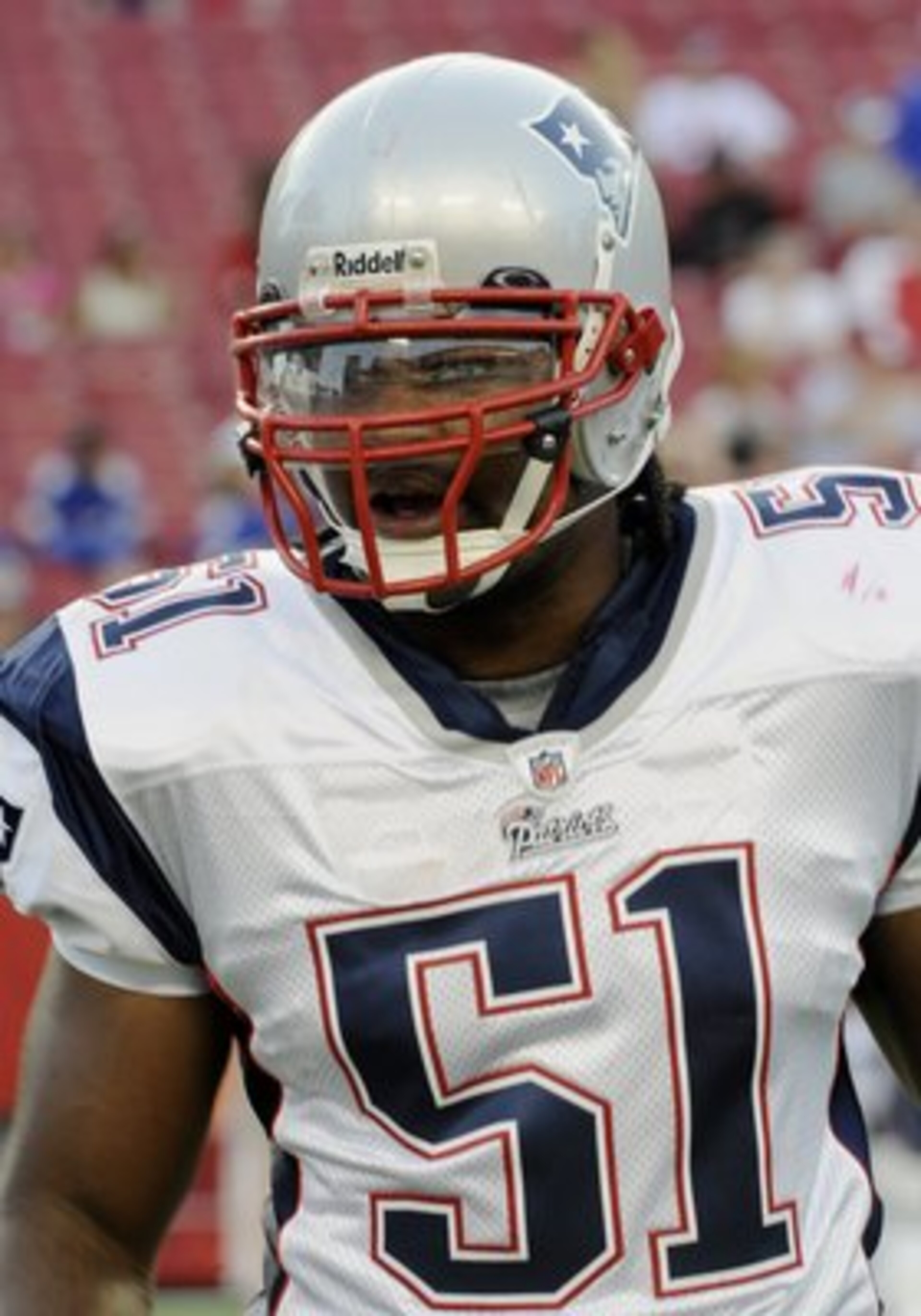 TAMPA, FL - AUGUST 17: Jerod Mayo #51 of the New England Patriots looks on before play against the Tampa Bay Buccaneers at Raymond James Stadium on August 17, 2008 in Tampa, Florida. (Photo by Al Messerschmidt/Getty Images) TAMPA, FL - AUGUST 17: Jerod Mayo #51 of the New England Patriots looks on before play against the Tampa Bay Buccaneers at Raymond James Stadium on August 17, 2008 in Tampa, Florida. (Photo by Al Messerschmidt/Getty Images)