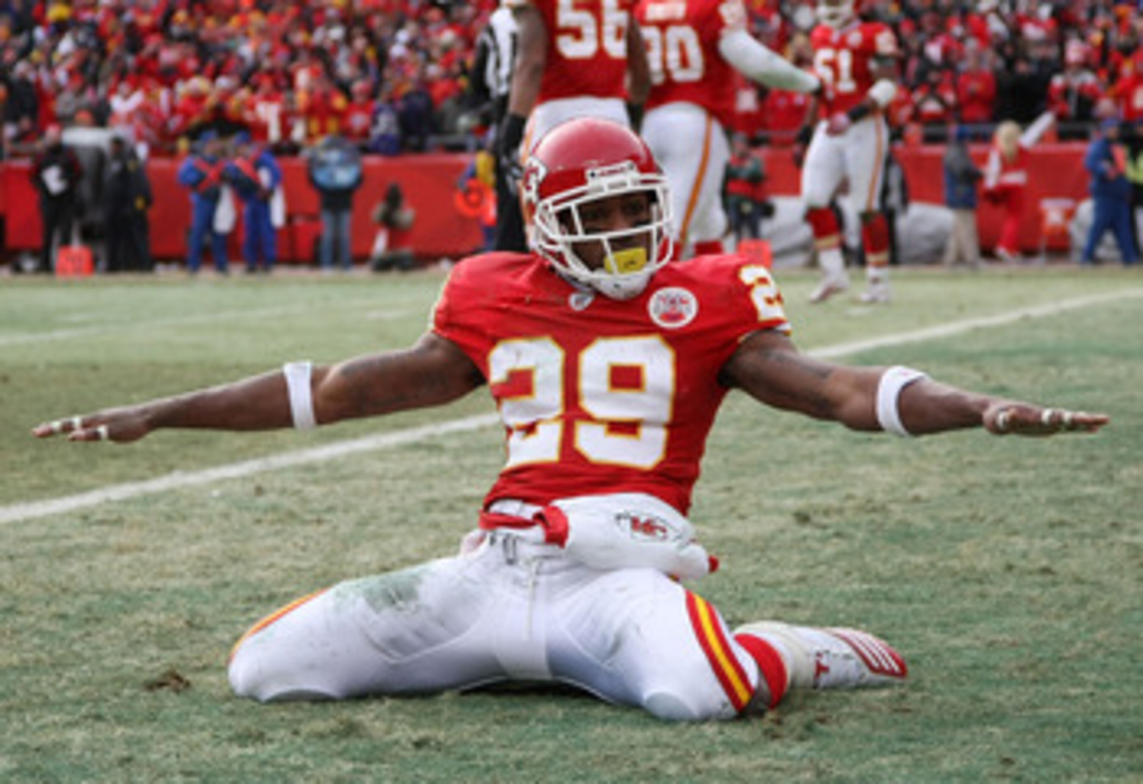 KANSAS CITY, MO - JANUARY 09: Safety Eric Berry #29 of the Kansas City Chiefs celebrates after breaking up a pass to tight end Todd Heap #86 of the Baltimore Ravens in the endzone during their 2011 AFC wild card playoff game at Arrowhead Stadium on Janua KANSAS CITY, MO - JANUARY 09: Safety Eric Berry #29 of the Kansas City Chiefs celebrates after breaking up a pass to tight end Todd Heap #86 of the Baltimore Ravens in the endzone during their 2011 AFC wild card playoff game at Arrowhead Stadium on Janua