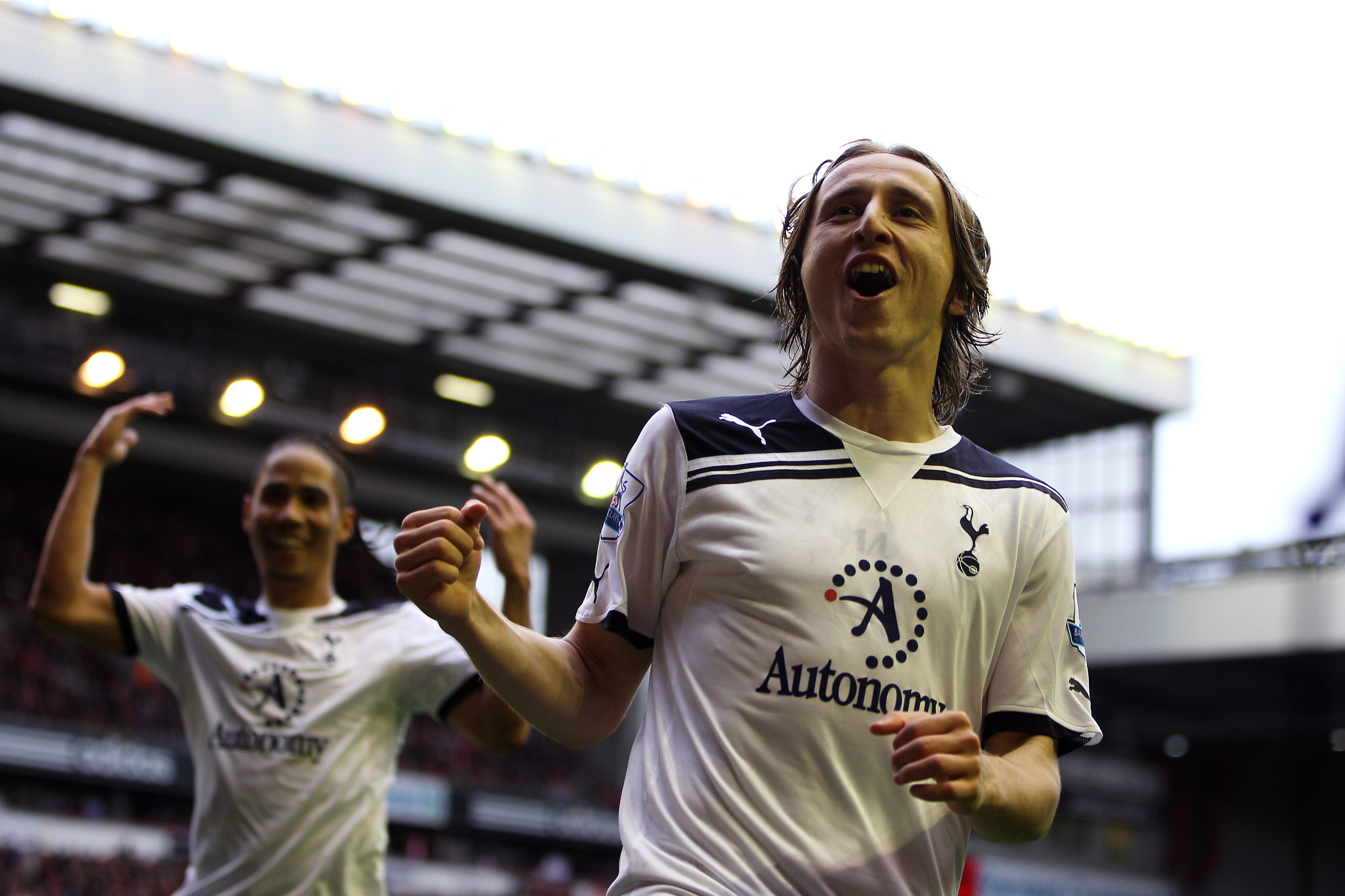 LIVERPOOL, ENGLAND - MAY 15: Luka Modric of Spurs celebrates after scoring his team's second goal from the penalty spot during the Barclays Premier League match between Liverpool and Tottenham Hotspur at Anfield on May 15, 2011 in Liverpool, England. (P LIVERPOOL, ENGLAND - MAY 15: Luka Modric of Spurs celebrates after scoring his team's second goal from the penalty spot during the Barclays Premier League match between Liverpool and Tottenham Hotspur at Anfield on May 15, 2011 in Liverpool, England. (P
