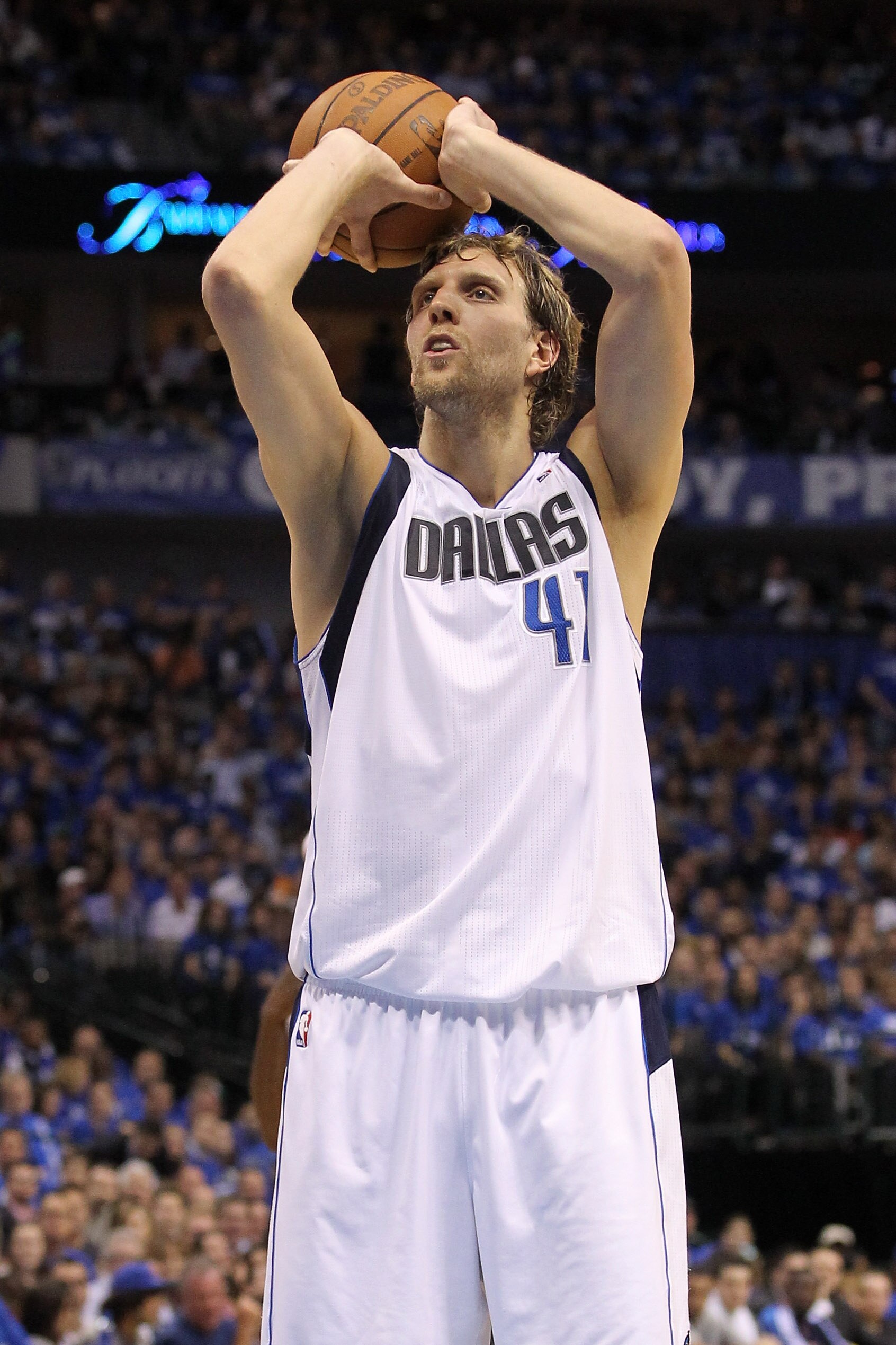 DALLAS, TX - MAY 19:  Dirk Nowitzki #41 of the Dallas Mavericks shoots a free throw in the first half while taking on the Oklahoma City Thunder in Game Two of the Western Conference Finals during the 2011 NBA Playoffs at American Airlines Center on May 19