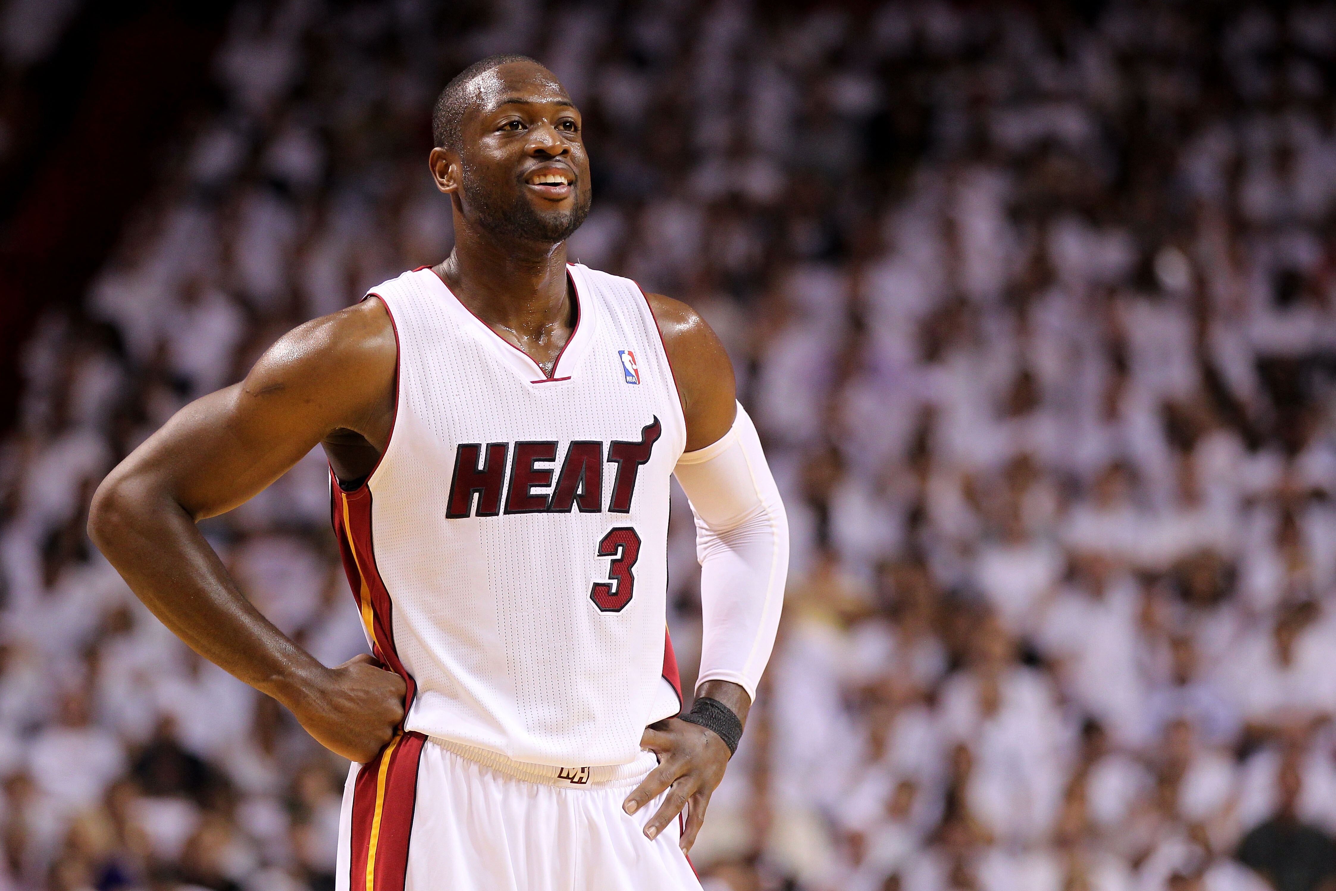 MIAMI, FL - MAY 24:  Dwyane Wade #3 of the Miami Heat looks on against the Chicago Bulls in Game Four of the Eastern Conference Finals during the 2011 NBA Playoffs on May 24, 2011 at American Airlines Arena in Miami, Florida. NOTE TO USER: User expressly 