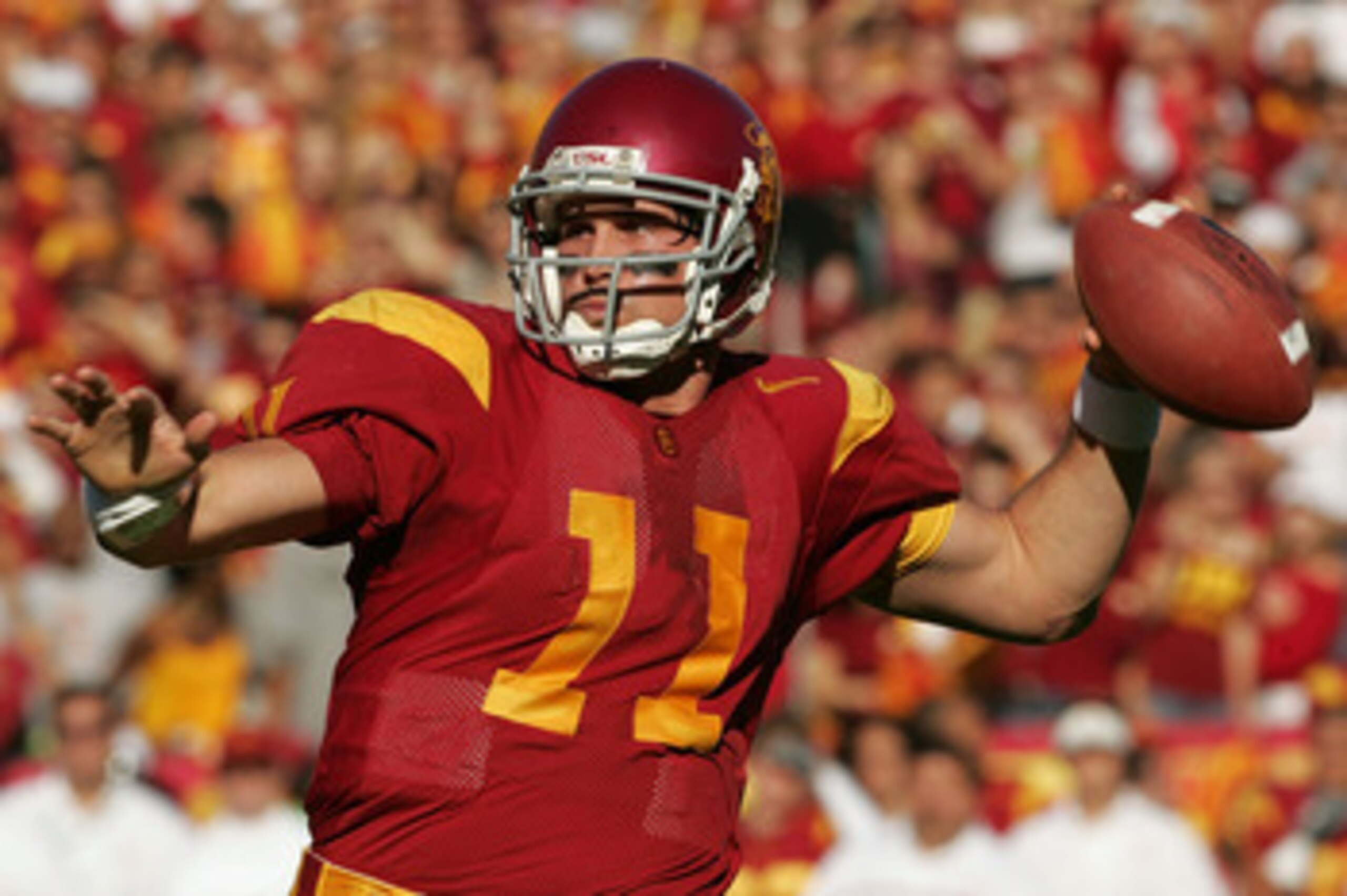 LOS ANGELES, CA - DECEMBER 03: Matt Leinart #11 of the USC Trojans throws a pass against the UCLA Bruins December 3, 2005 at the Los Angeles Memorial Coliseum in Los Angeles, California. (Photo by Stephen Dunn/Getty Images) LOS ANGELES, CA - DECEMBER 03: Matt Leinart #11 of the USC Trojans throws a pass against the UCLA Bruins December 3, 2005 at the Los Angeles Memorial Coliseum in Los Angeles, California. (Photo by Stephen Dunn/Getty Images)