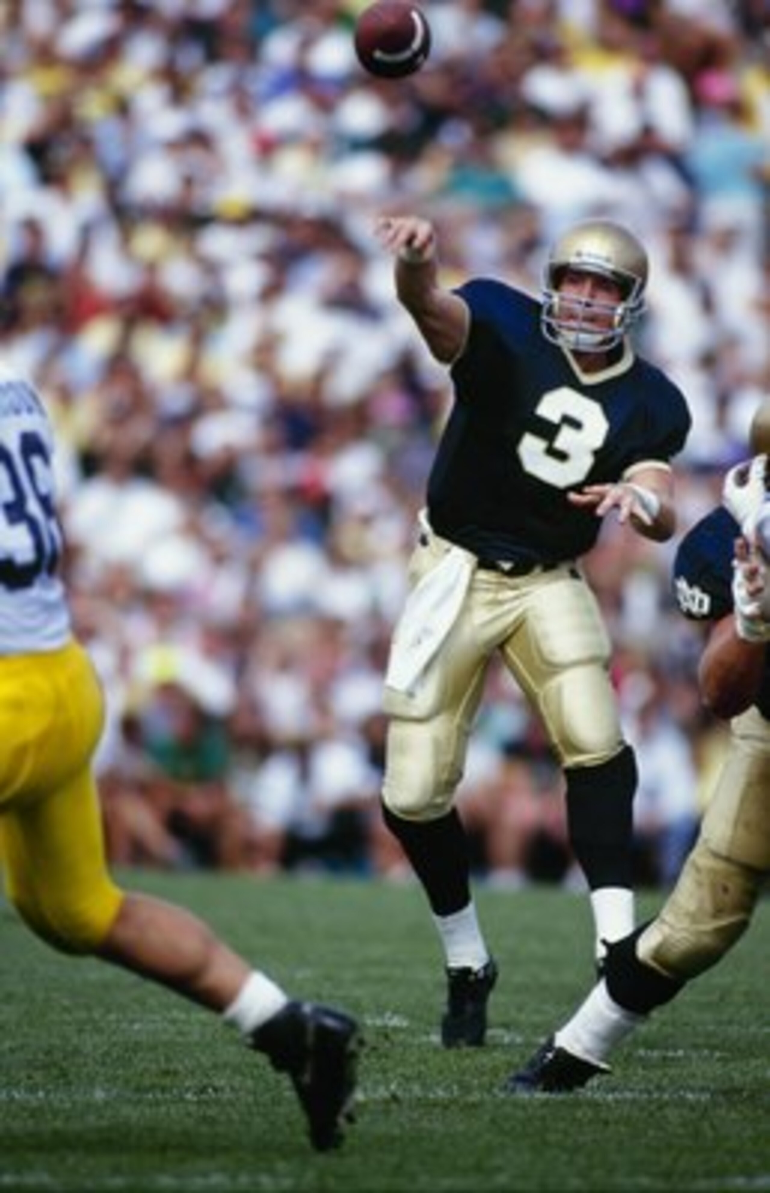 SOUTH BEND, IN - SEPTEMBER 12, 1992: Rick Mirer #3 of the Notre Dame Fighting Irish passes during the game against the Michigan Wolverines at Notre Dame Stadium on September 12, 1992 in South Bend, Indiana. (Photo by Jonathan Daniel/Getty Images) SOUTH BEND, IN - SEPTEMBER 12, 1992: Rick Mirer #3 of the Notre Dame Fighting Irish passes during the game against the Michigan Wolverines at Notre Dame Stadium on September 12, 1992 in South Bend, Indiana. (Photo by Jonathan Daniel/Getty Images)