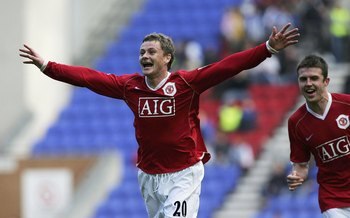WIGAN, ENGLAND - OCTOBER 14: Ole Gunnar Solskjaer of Manchester celebrates scoring a goal during the Barclays Premiership match between Wigan Athletic and Manchester United at the JJB Stadium on October 14, 2006 in Wigan, England. (Photo by Matthew Lewis/