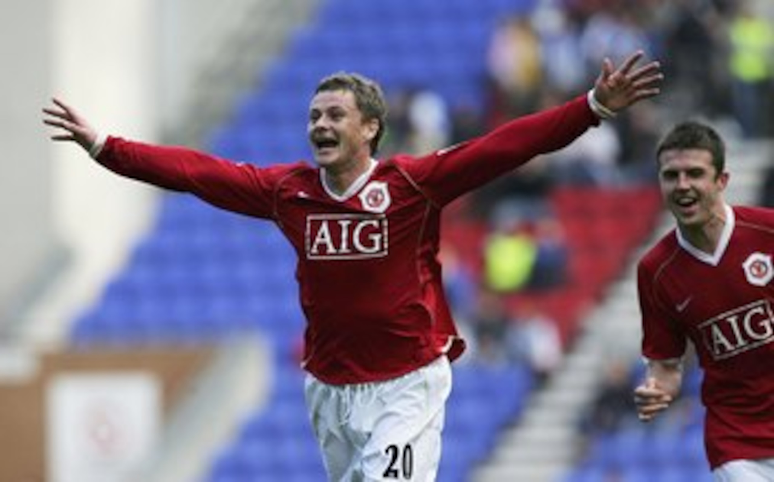 WIGAN, ENGLAND - OCTOBER 14: Ole Gunnar Solskjaer of Manchester celebrates scoring a goal during the Barclays Premiership match between Wigan Athletic and Manchester United at the JJB Stadium on October 14, 2006 in Wigan, England. (Photo by Matthew Lewis/