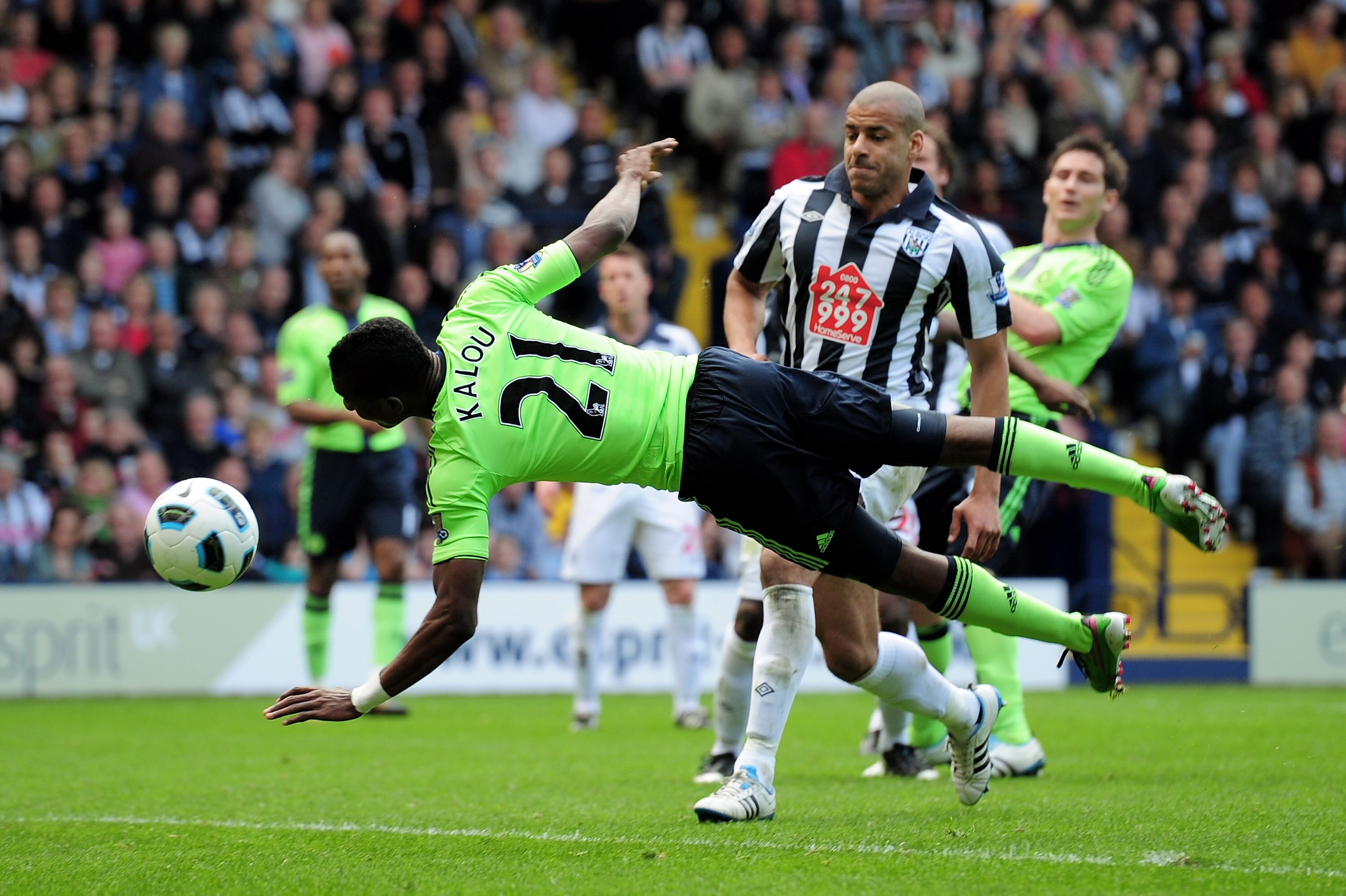 WEST BROMWICH, ENGLAND - APRIL 16:  Salomon Kalou of Chelsea makes an acrobatic attempt on goal during the Barclays Premier League match between West Bromwich Albion and Chelsea at The Hawthorns on April 16, 2011 in West Bromwich, England.  (Photo by Shau