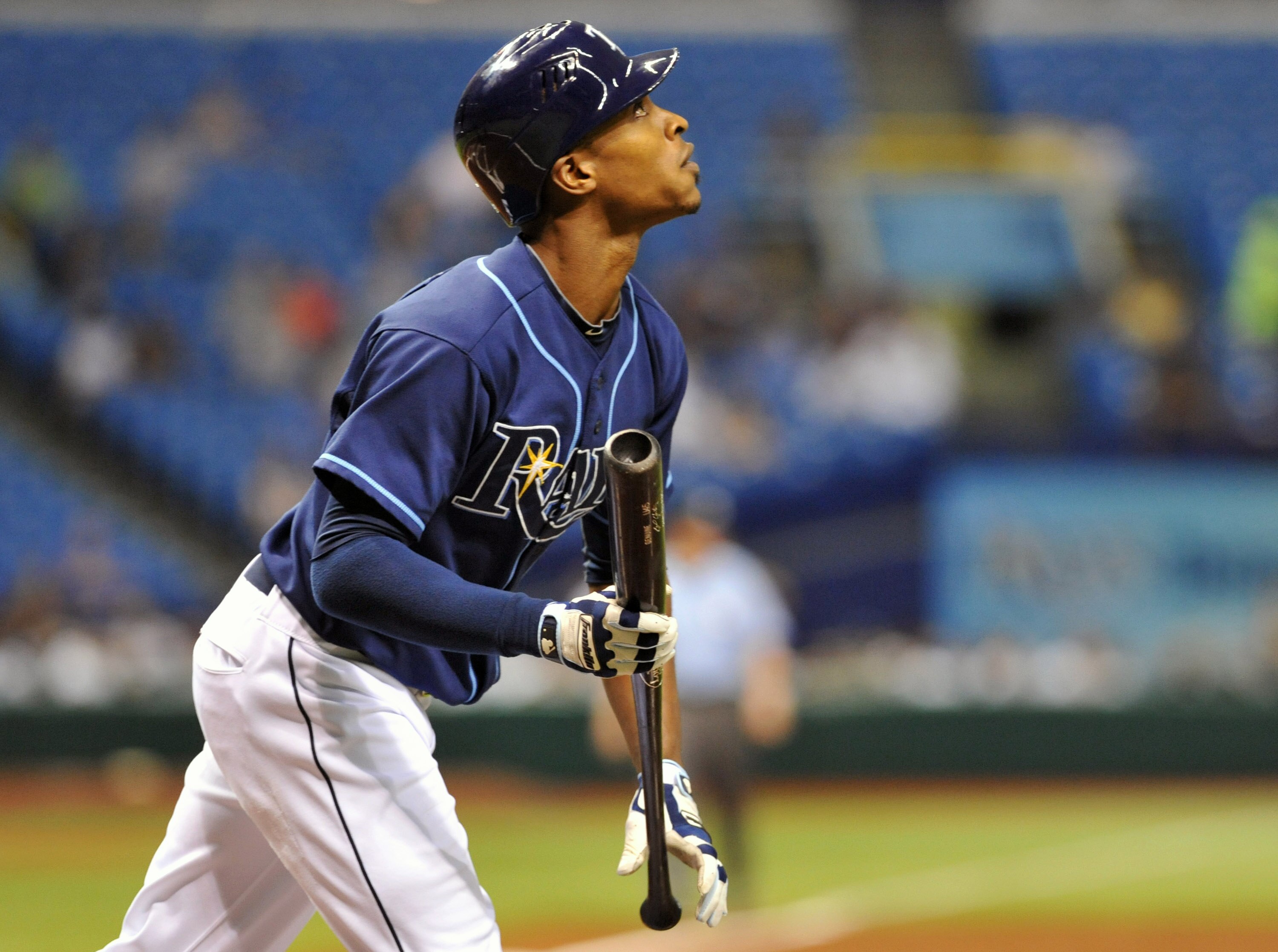 ST. PETERSBURG, FL - JUNE 1:  Outfielder B. J. Upton #2 of the Tampa Bay Rays follows a fly ball against the Texas Rangers June 1, 2011 at Tropicana Field in St. Petersburg, Florida.  (Photo by Al Messerschmidt/Getty Images)