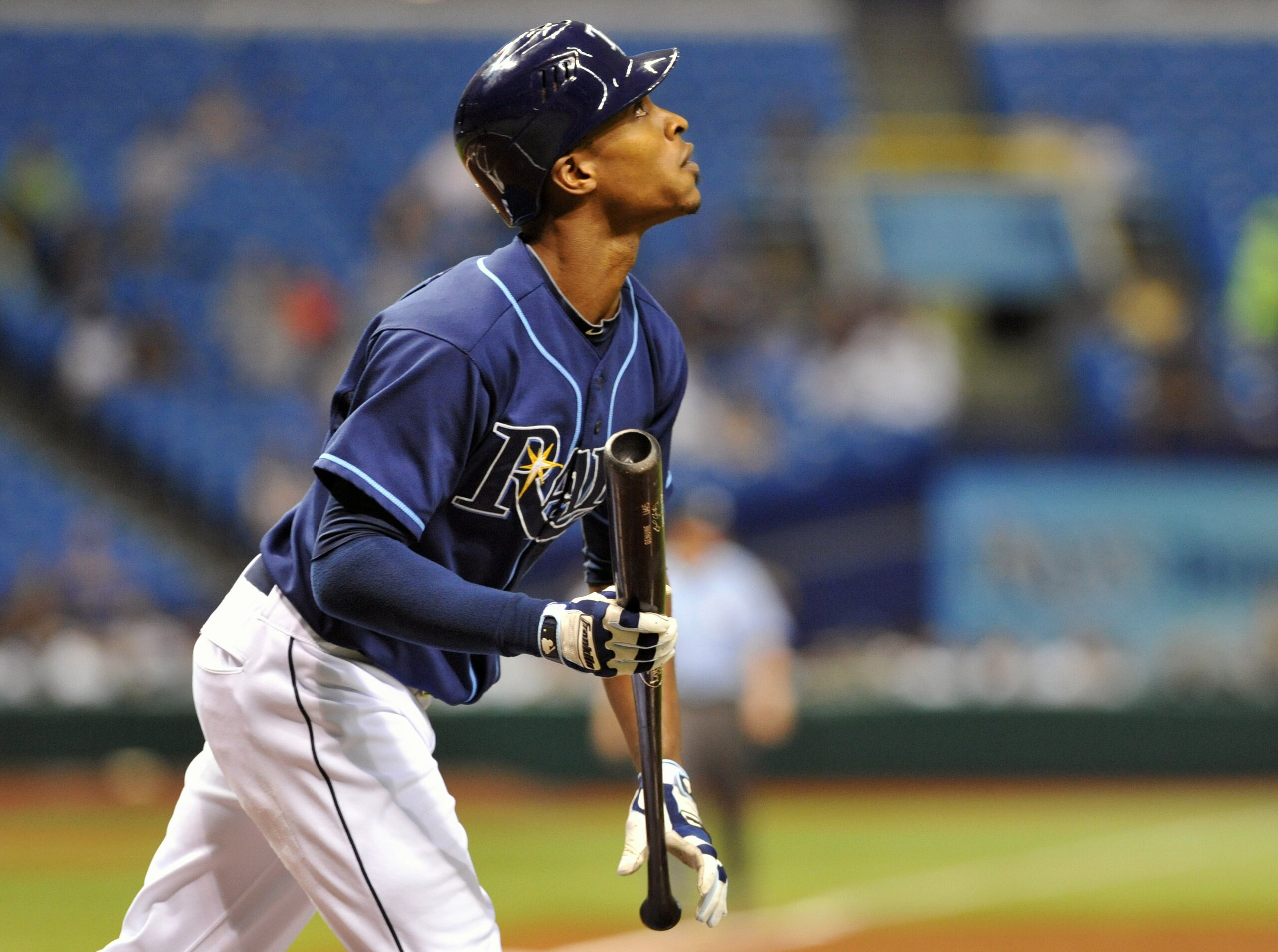 ST. PETERSBURG, FL - JUNE 1:  Outfielder B. J. Upton #2 of the Tampa Bay Rays follows a fly ball against the Texas Rangers June 1, 2011 at Tropicana Field in St. Petersburg, Florida.  (Photo by Al Messerschmidt/Getty Images)