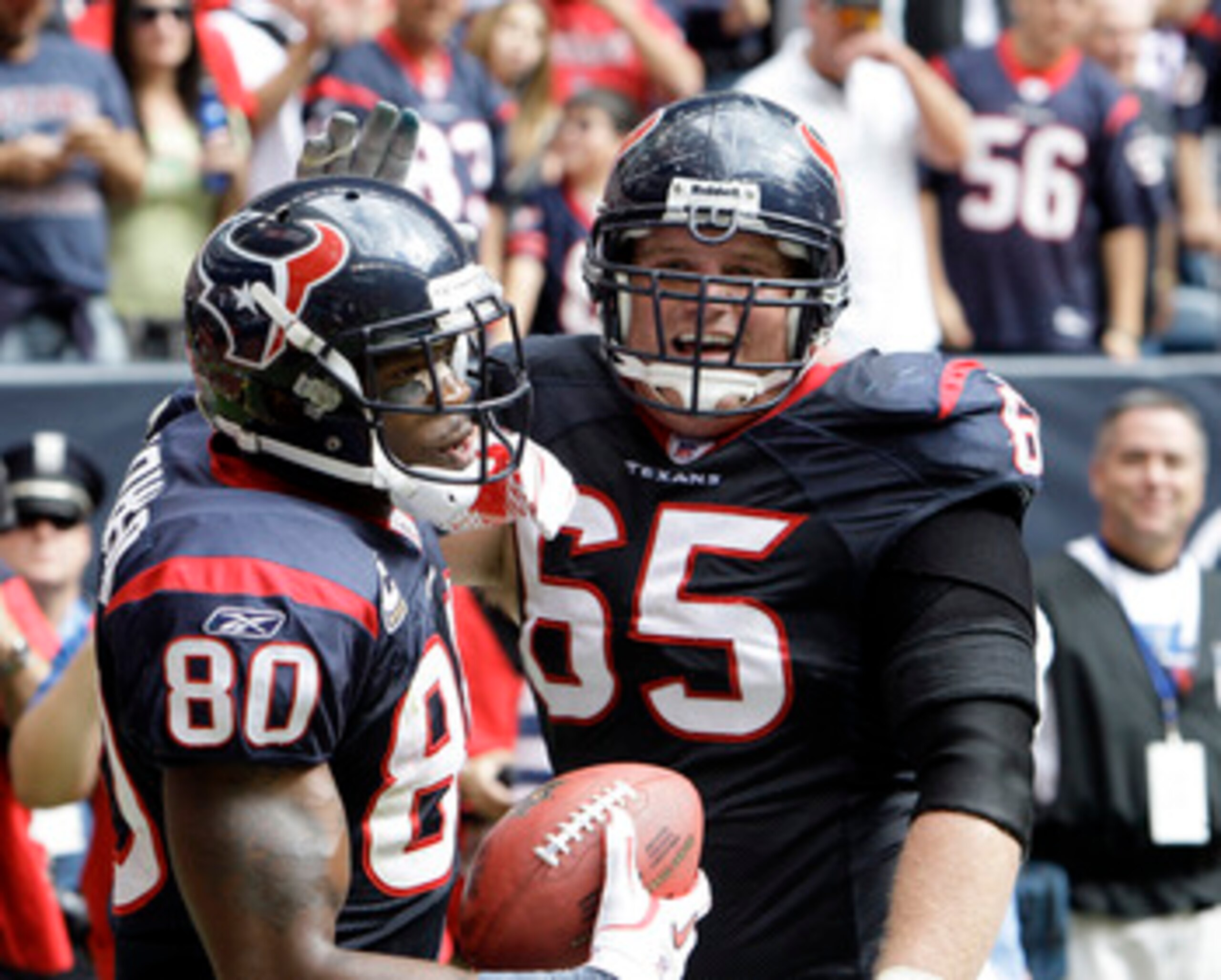 HOUSTON - NOVEMBER 28: Wide receiver Andre Johnson #80 of the Houston Texans is congratulated by Mike Brisiel after scoring in the first quarter at Reliant Stadium on November 28, 2010 in Houston, Texas. (Photo by Bob Levey/Getty Images) HOUSTON - NOVEMBER 28: Wide receiver Andre Johnson #80 of the Houston Texans is congratulated by Mike Brisiel after scoring in the first quarter at Reliant Stadium on November 28, 2010 in Houston, Texas. (Photo by Bob Levey/Getty Images)