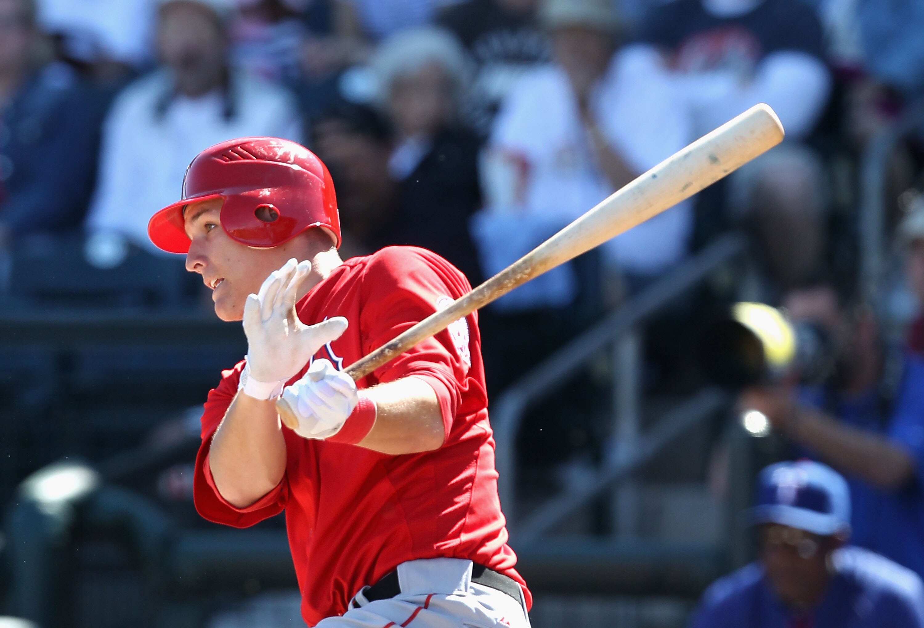 SURPRISE, AZ - MARCH 02:  Mike Trout #90 of the Los Angeles Angels of Anaheim bats against the Texas Rangers during the spring training game at Surprise Stadium on March 2, 2011 in Surprise, Arizona.  (Photo by Christian Petersen/Getty Images)