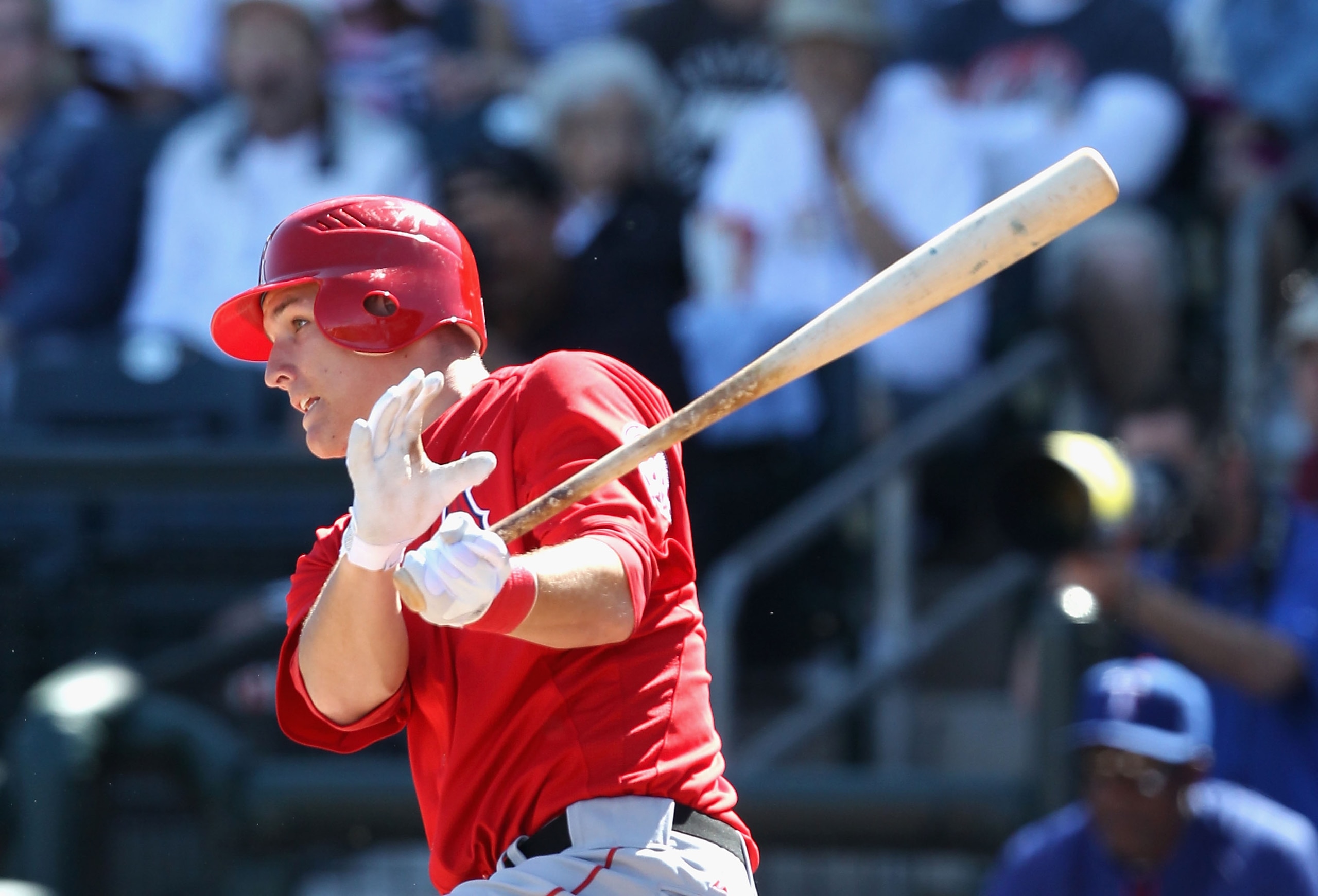 SURPRISE, AZ - MARCH 02:  Mike Trout #90 of the Los Angeles Angels of Anaheim bats against the Texas Rangers during the spring training game at Surprise Stadium on March 2, 2011 in Surprise, Arizona.  (Photo by Christian Petersen/Getty Images)