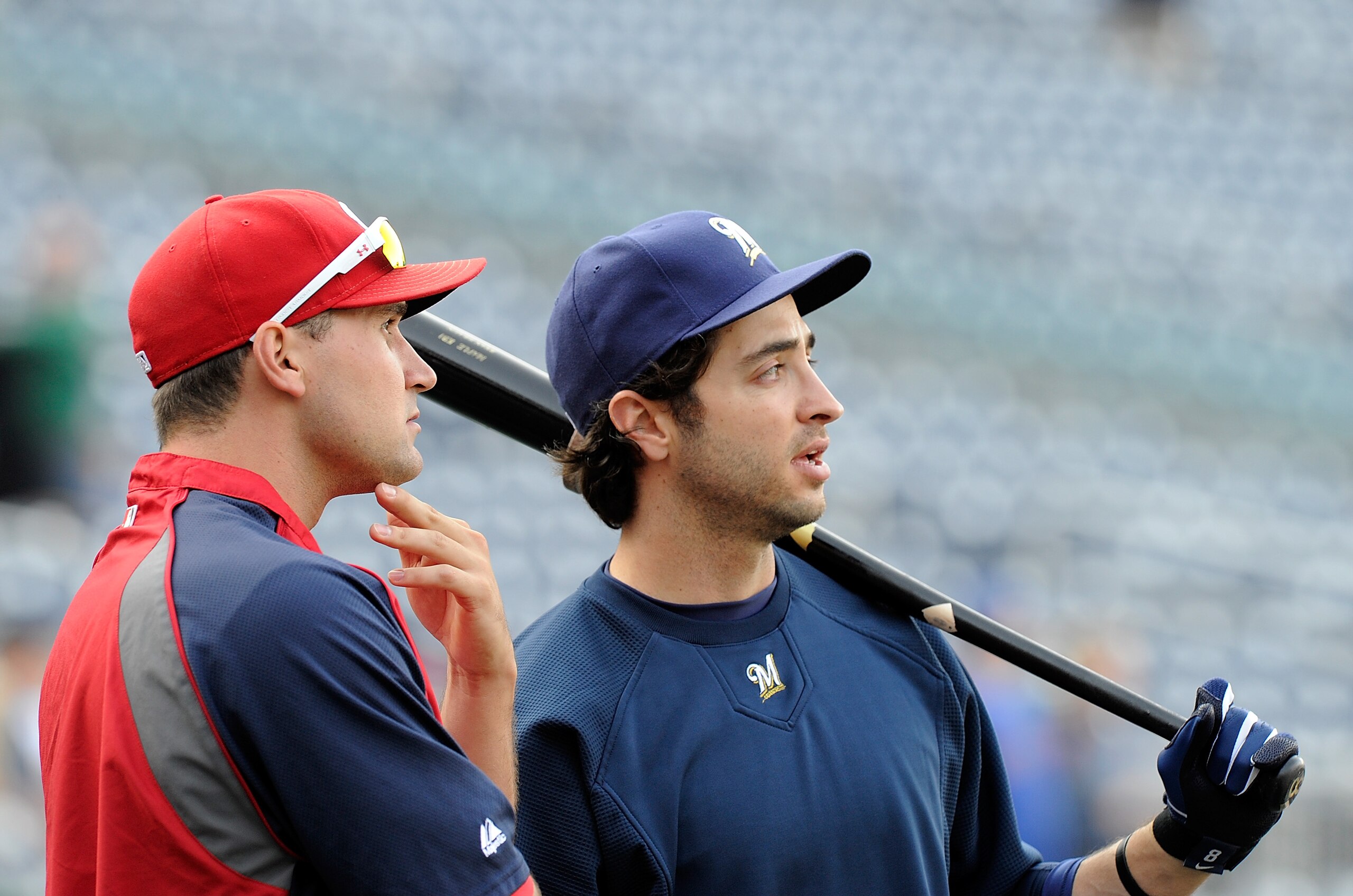 WASHINGTON, DC - APRIL 15:  Ryan Braun #8 of the Milwaukee Brewers talks with Ryan Zimmerman #11 of the Washington Nationals before the game at Nationals Park on April 15, 2011 in Washington, DC.  (Photo by Greg Fiume/Getty Images)