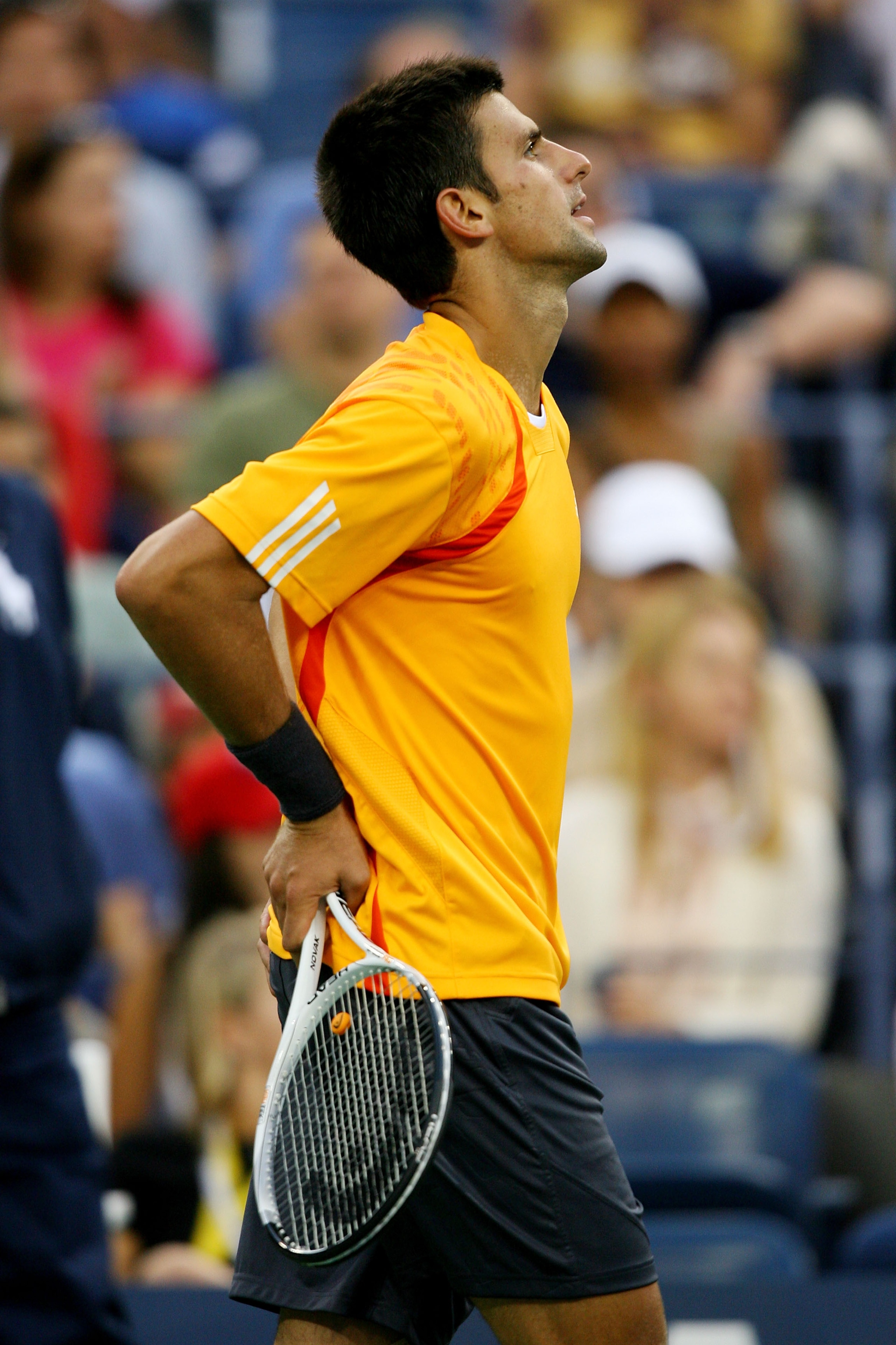 NEW YORK - SEPTEMBER 13:  Novak Djokovic of Serbia reacts during the Men's Singles Semifinal match against Roger Federer of Switzerland on day fourteen of the 2009 U.S. Open at the USTA Billie Jean King National Tennis Center on September 13, 2009 in the