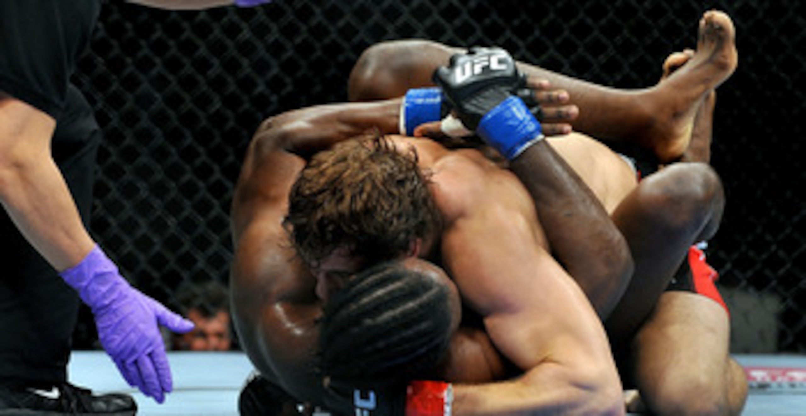 LOS ANGELES, CA - OCTOBER 24:  UFC fighter Kyle Kingsbury (bottom) battles with UFC fighter Razak Al-Hassan (top) during their Light Heavyweight bout at UFC 104: Machida vs. Shogun at Staples Center on October 24, 2009 in Los Angeles, California.  (Photo 