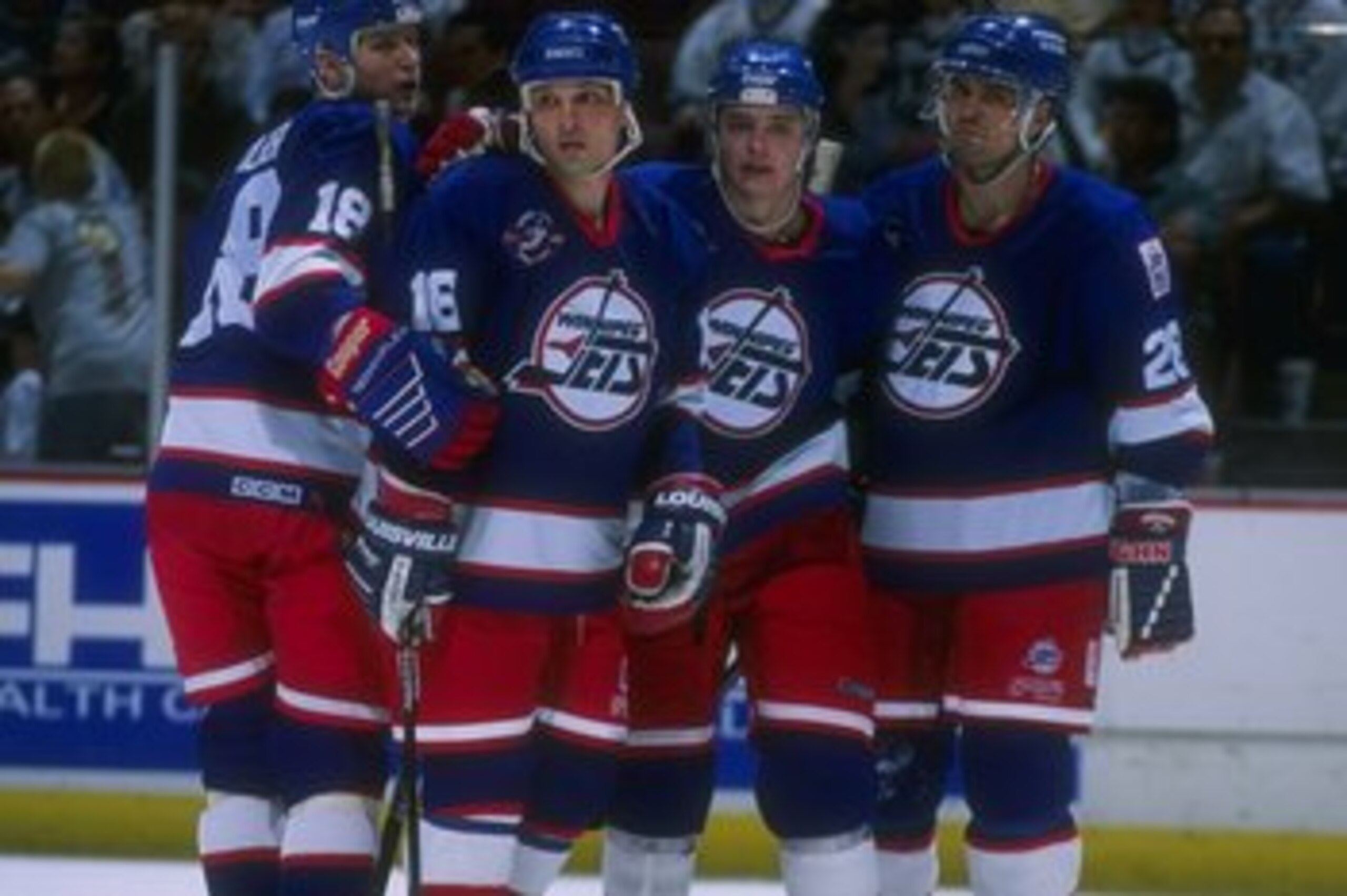 14 Apr 1996:  The Winnipeg Jets celebrate during a game against the Anaheim Mighty Ducks at Arrowhead Pond in Anaheim, California.  The Ducks won the game, 5-2. Mandatory Credit: Glenn Cratty  /Allsport