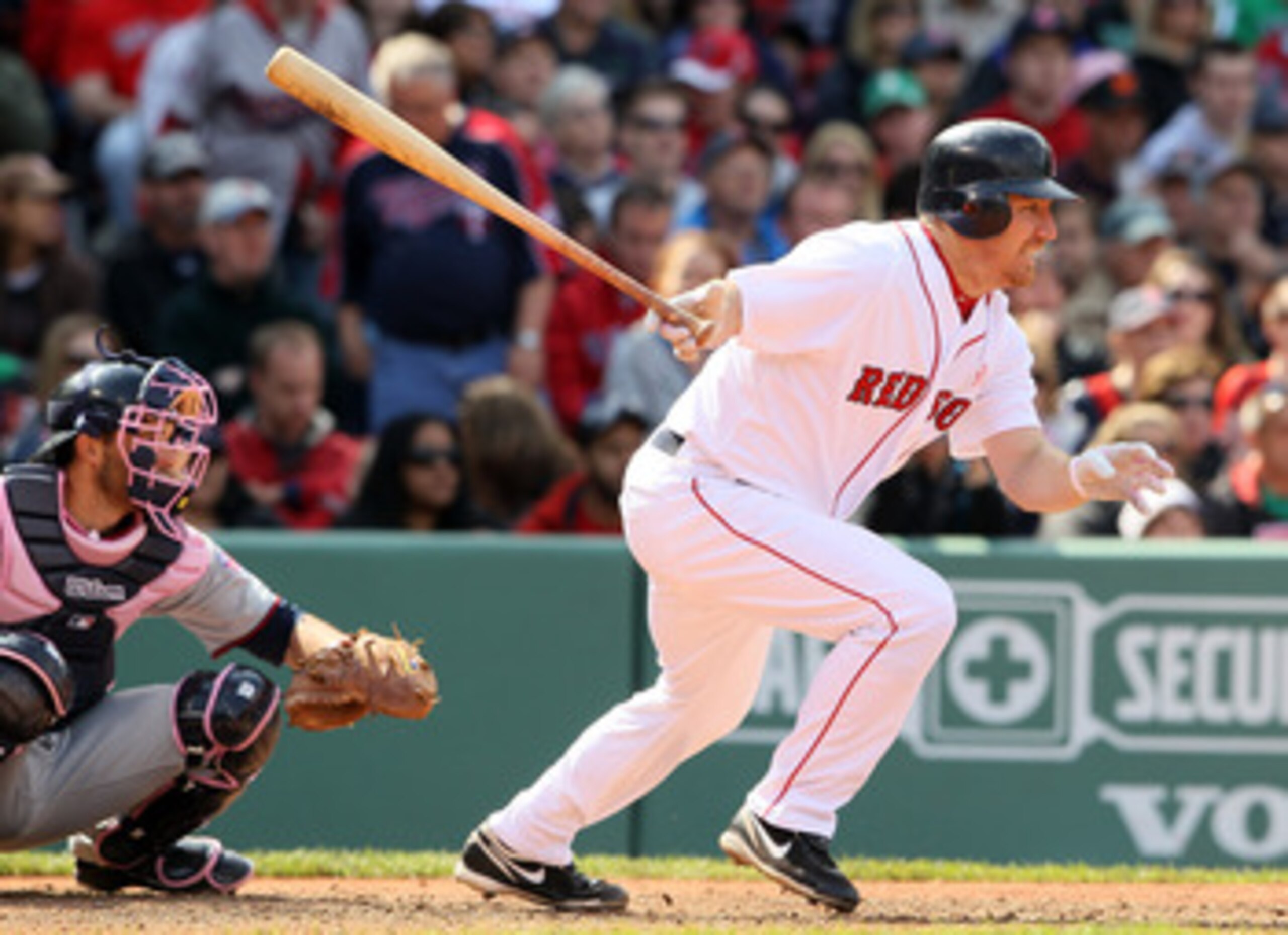 BOSTON, MA - MAY 08: J.D. Drew #7 of the Boston Red Sox hits an RBI single in the fifth inning as Drew Butera #41 of the Minnesota Twins catches on May 8, 2011 at Fenway Park in Boston, Massachusetts. (Photo by Elsa/Getty Images) BOSTON, MA - MAY 08: J.D. Drew #7 of the Boston Red Sox hits an RBI single in the fifth inning as Drew Butera #41 of the Minnesota Twins catches on May 8, 2011 at Fenway Park in Boston, Massachusetts. (Photo by Elsa/Getty Images)