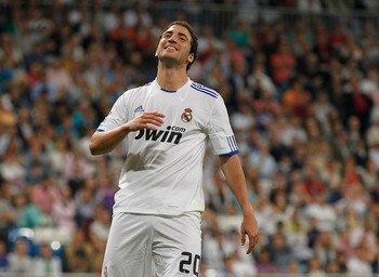 MADRID, SPAIN - MAY 10: Gonzalo Higuain of Real Madrid reacts during the La Liga match between Real Madrid and Getafe at Estadio Santiago Bernabeu on May 10, 2011 in Madrid, Spain. (Photo by Angel Martinez/Getty Images)