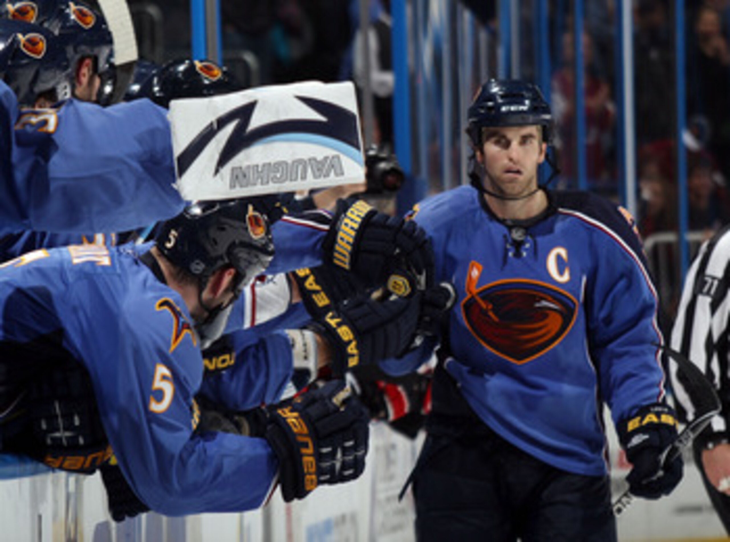 ATLANTA, GA - MARCH 27:  Andrew Ladd #16 of the Atlanta Thrashers celebrates his shoot out winning goal against the Ottawa Senators in a 5-4 victory at the Philips Arena on March 27, 2011 in Atlanta, Georgia.  (Photo by Bruce Bennett/Getty Images)