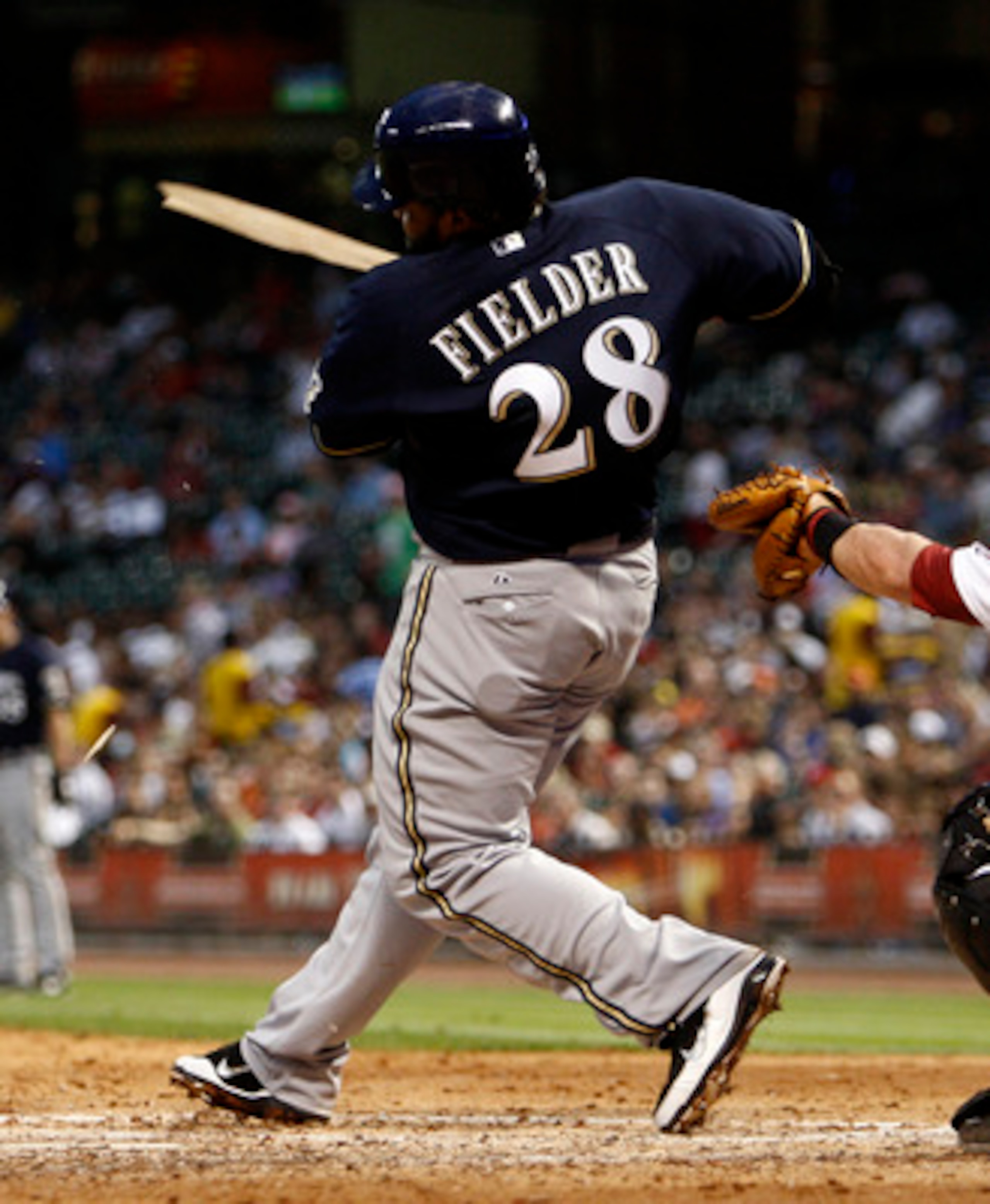 HOUSTON - APRIL 30:  Prince Fielder #28 of the Milwaukee Brewers shatters his bat in the sixth inning in front of catcher J.R. Towles #46 of the Houston Astros at Minute Maid Park on April 30, 2011 in Houston, Texas.  (Photo by Bob Levey/Getty Images)