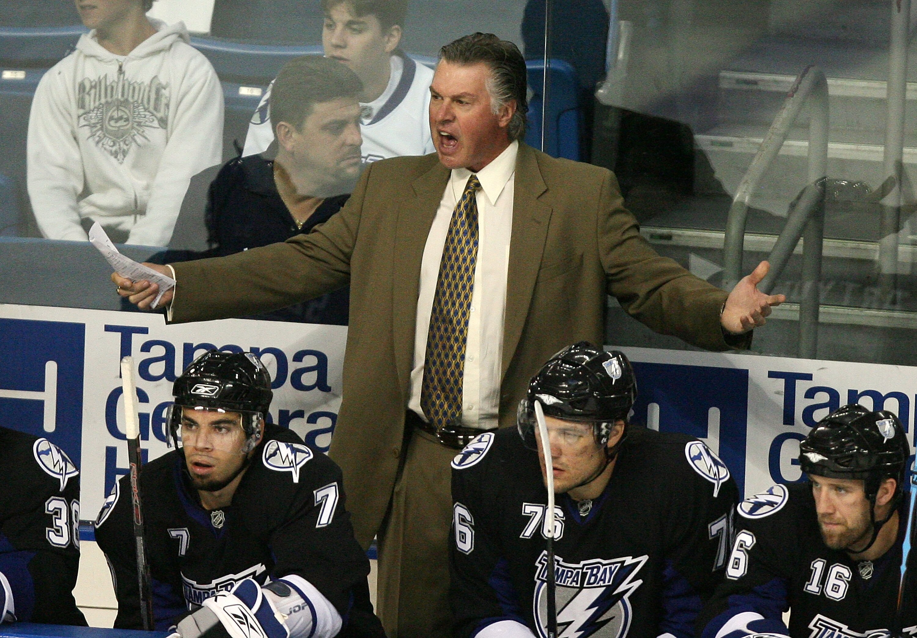 TAMPA, FL - SEPTEMBER 22:  Head coach Barry Melrose of the Tampa Bay Lightning yells out to his team during action againstthe Pittsburgh Penguins in a preseason game at the St. Pete Times Forum on September 22, 2008 in Tampa, Florida. The Penguins defeate