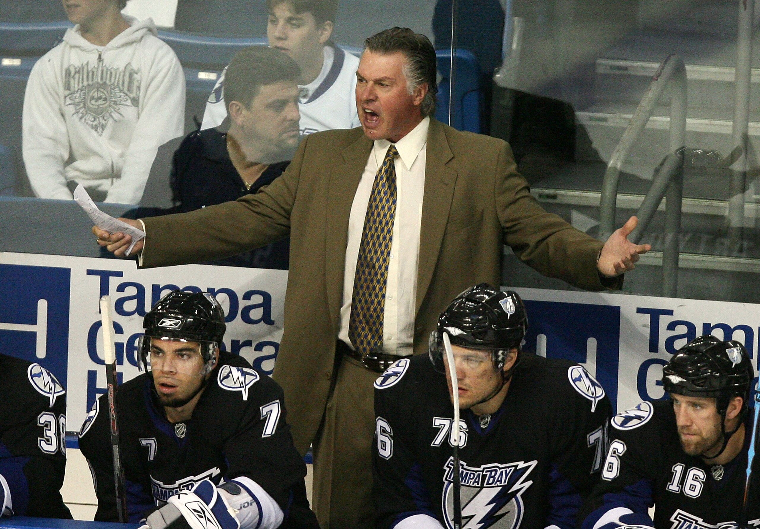 TAMPA, FL - SEPTEMBER 22:  Head coach Barry Melrose of the Tampa Bay Lightning yells out to his team during action againstthe Pittsburgh Penguins in a preseason game at the St. Pete Times Forum on September 22, 2008 in Tampa, Florida. The Penguins defeate