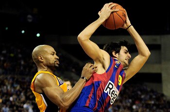 BARCELONA, SPAIN - OCTOBER 07:  Ricky Rubio (R) #9 of the FC Barcelona duels  for a ball against Derek Fisher #2 of the Los Angeles Lakers during the NBA Europe Live match between Los Angeles Lakers and Regal FC Barcelona at the at Palau Blaugrana on Octo