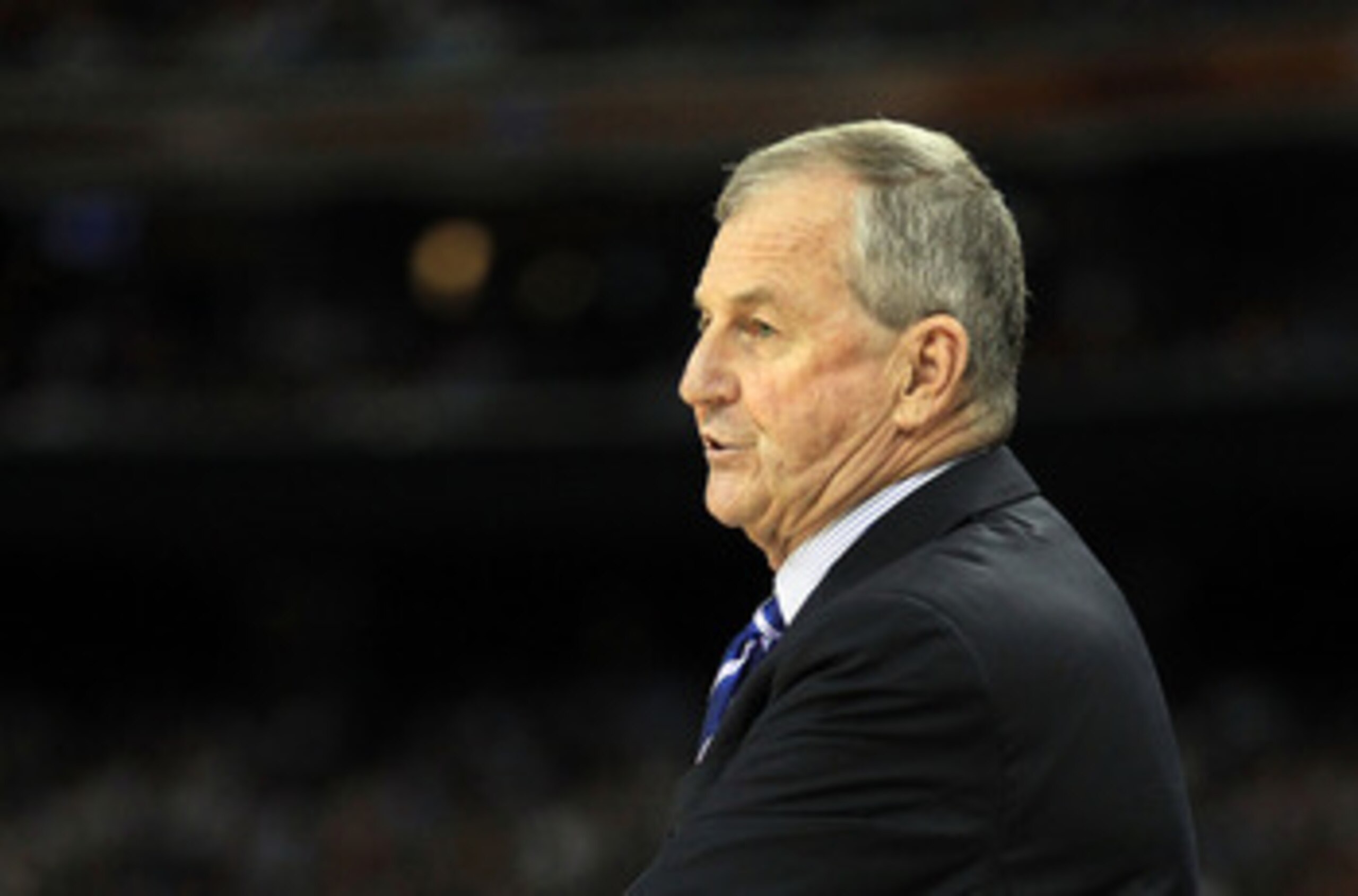 HOUSTON, TX - APRIL 04: Head coach Jim Calhoun of the Connecticut Huskies looks on from the sidelines against the Butler Bulldogs during the National Championship Game of the 2011 NCAA Division I Men's Basketball Tournament at Reliant Stadium on April 4, HOUSTON, TX - APRIL 04: Head coach Jim Calhoun of the Connecticut Huskies looks on from the sidelines against the Butler Bulldogs during the National Championship Game of the 2011 NCAA Division I Men's Basketball Tournament at Reliant Stadium on April 4,