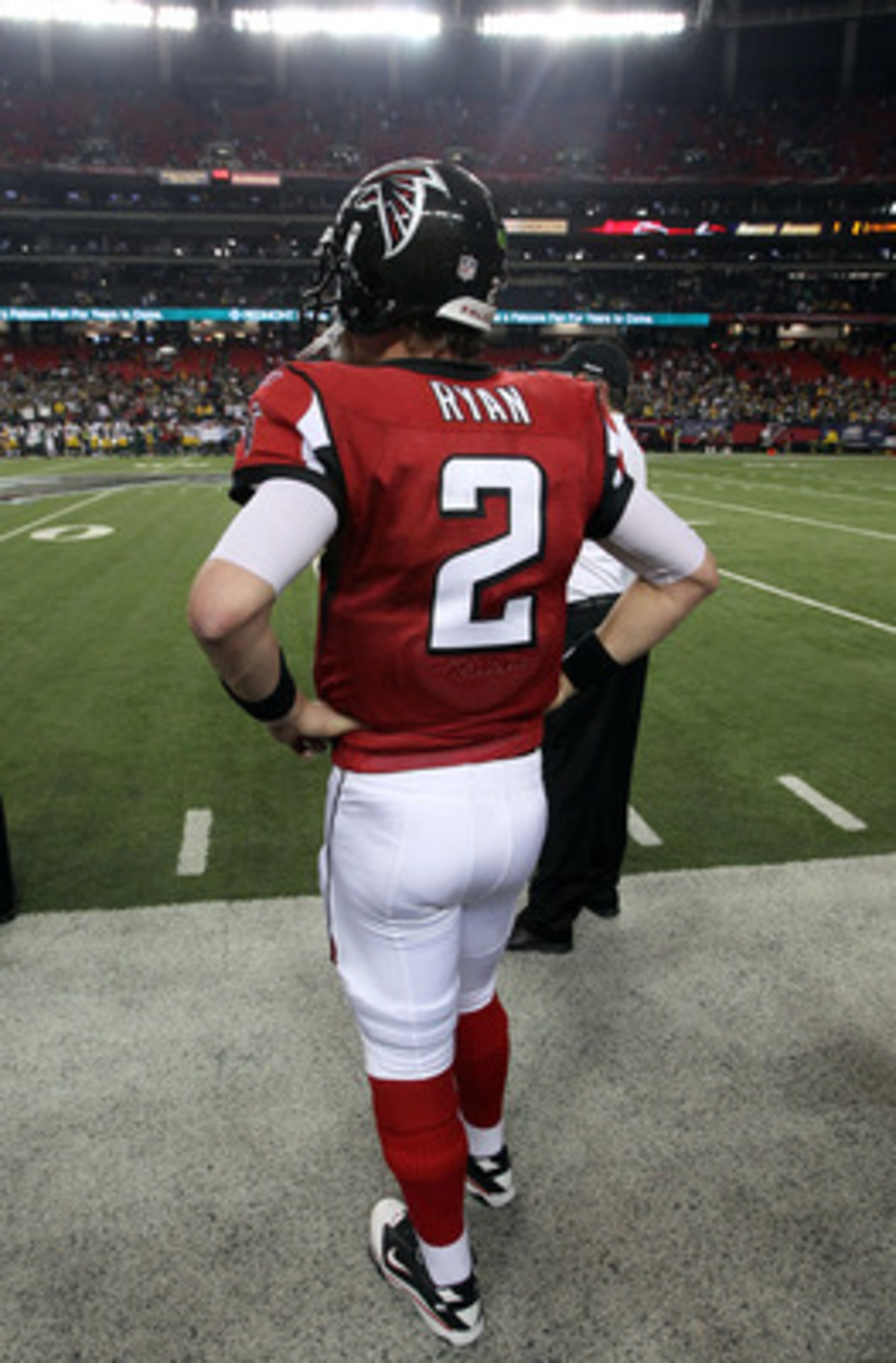 ATLANTA, GA - JANUARY 15: Matt Ryan #2 of the Atlanta Falcons looks on from the sideline against the Green Bay Packers during their 2011 NFC divisional playoff game at Georgia Dome on January 15, 2011 in Atlanta, Georgia. The Packers won 48-21. (Photo by ATLANTA, GA - JANUARY 15: Matt Ryan #2 of the Atlanta Falcons looks on from the sideline against the Green Bay Packers during their 2011 NFC divisional playoff game at Georgia Dome on January 15, 2011 in Atlanta, Georgia. The Packers won 48-21. (Photo by